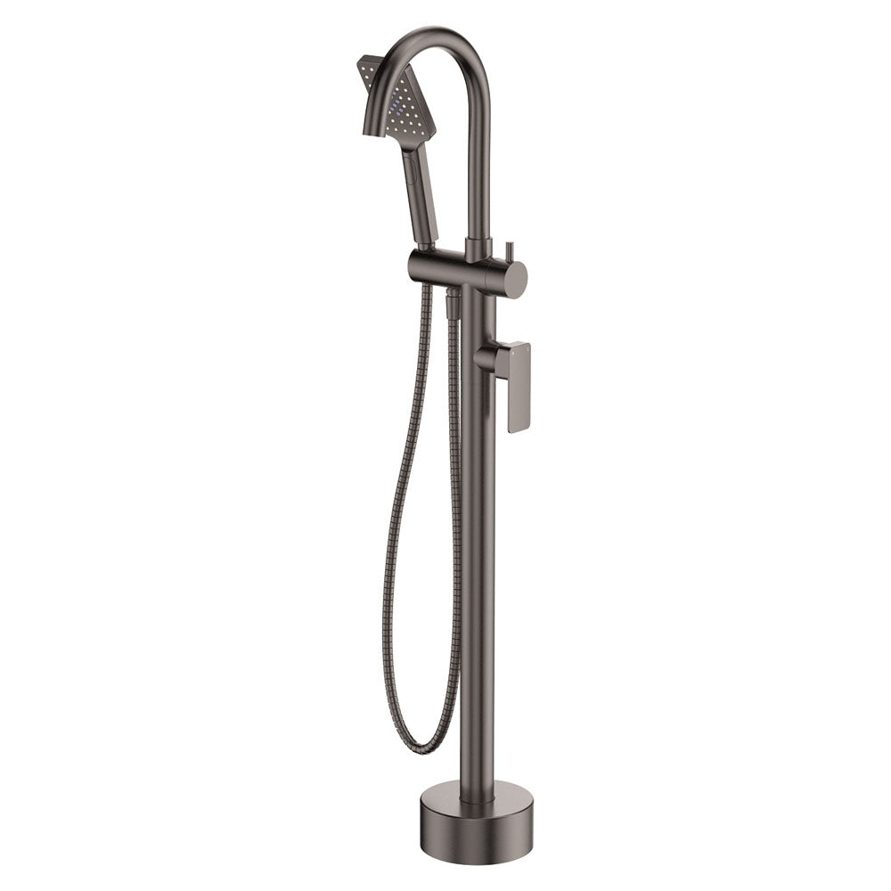 Fienza Tono Floor Mounted Bath Mixer with Hand Shower - Gunmetal Finish - Modern Bathroom Faucet for Freestanding Tubs - Perfect for Spa-Like Relaxation and Luxury Bathing Experience