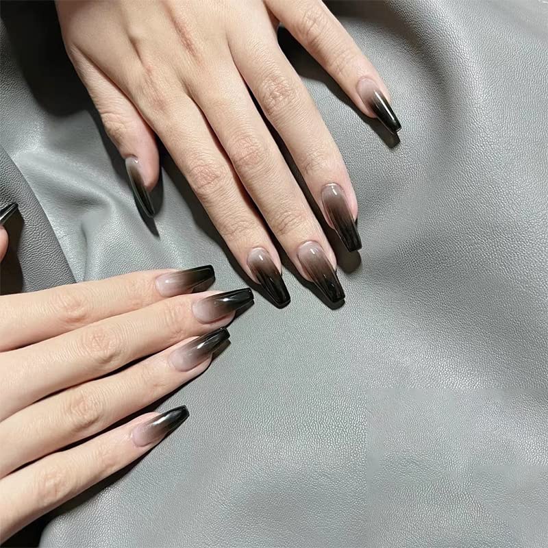 Trendy Premium Black Press on Nails Set - 24 PCS Reusable Fake Nails with Semi-Transparent Tips & Complete Kit | Perfect for Parties, Weddings, and Everyday Wear