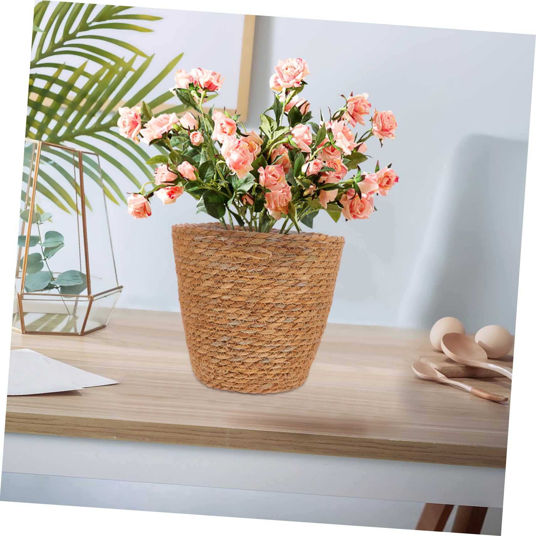 LIOOBO 2-Pack Handwoven Seagrass Plant Baskets with Waterproof Plastic Liner - Indoor/Outdoor Decorative Planters for Home, Office, Patio & Garden Decor