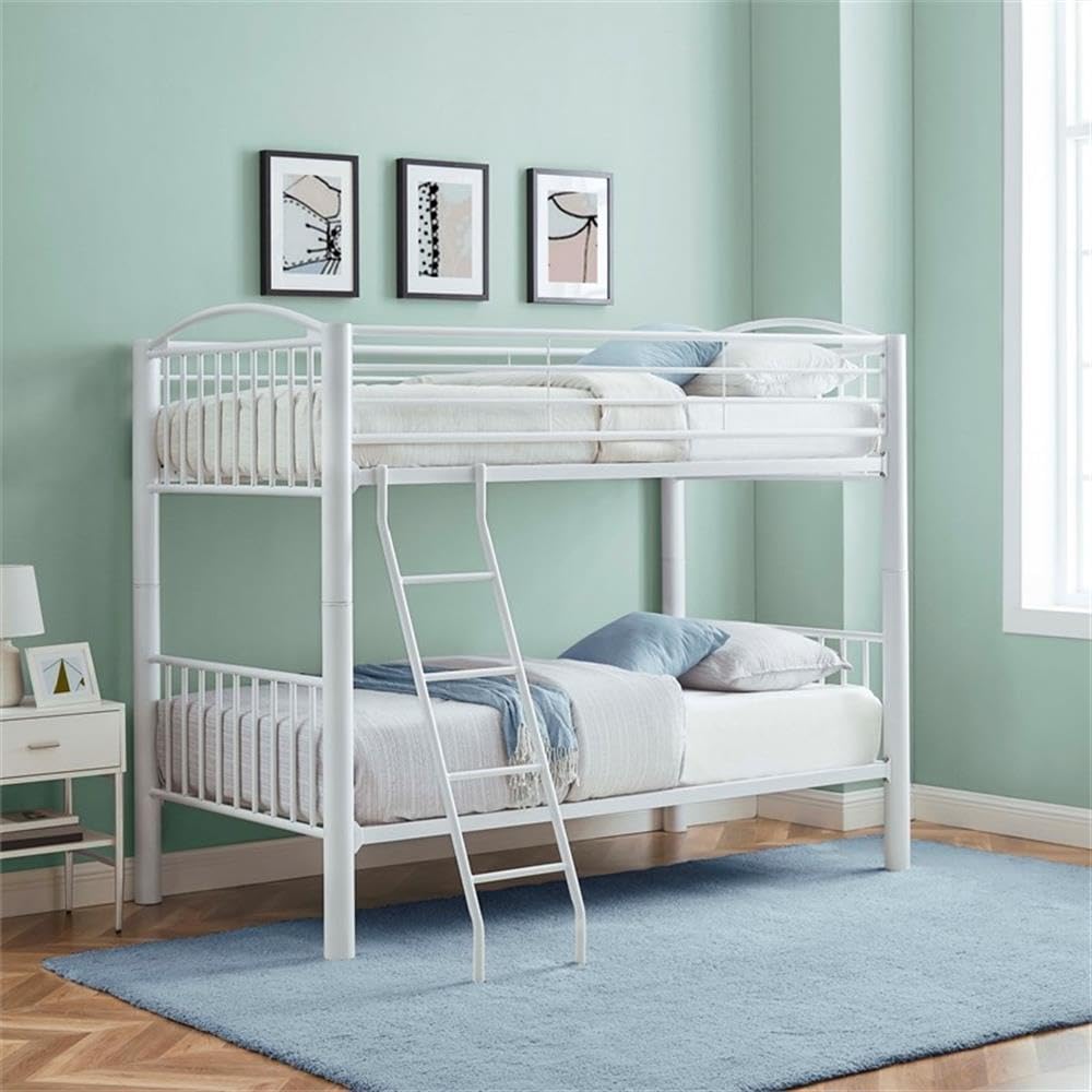 Powell Furniture Linon Heavy Duty Metal Twin Bunk Bed in White - Space-Saving Kids Bedroom Furniture for Siblings or Sleepovers