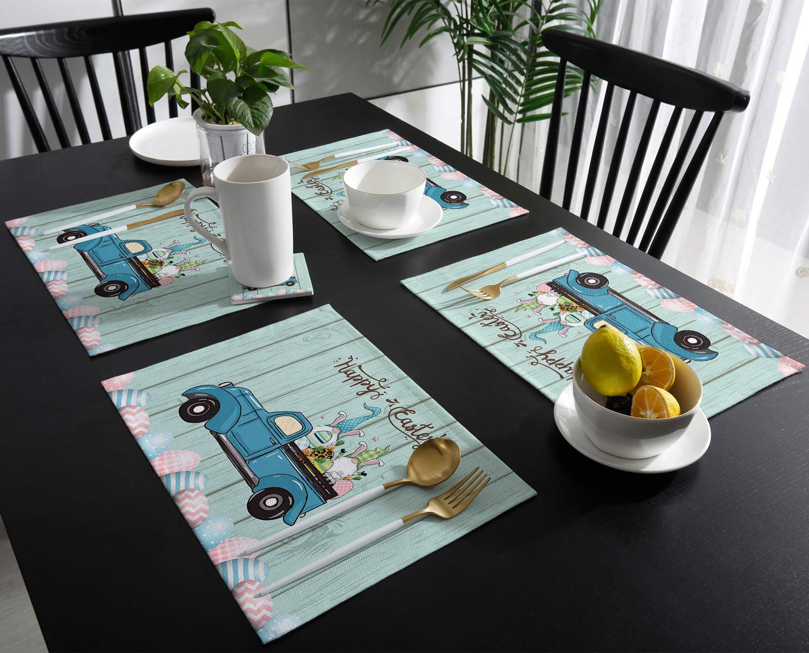 Easter Truck Placemats Set of 6 - Spring Gnome Rabbit Eggs Design, Cyan Wood Grain Insulated Non-Slip Kitchen Table Mats, Washable Dining Placemats for Easter Brunch, Holiday Decor & Family Gatherings