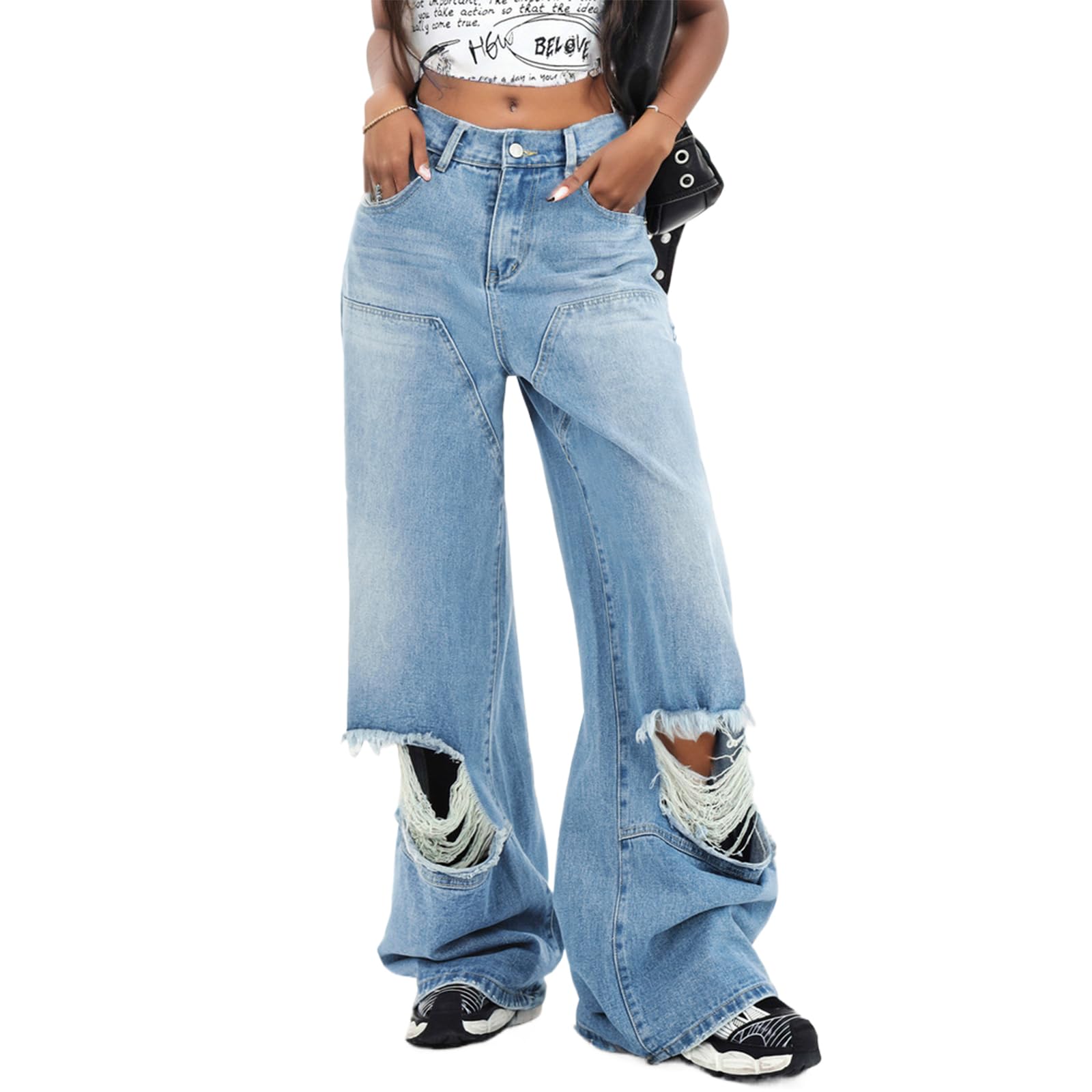 Women's Ripped Wide Leg Jeans - High Waist Baggy Boyfriend Jeans with Distressed Details | Perfect for Casual Outfits, Streetwear & Everyday Comfort
