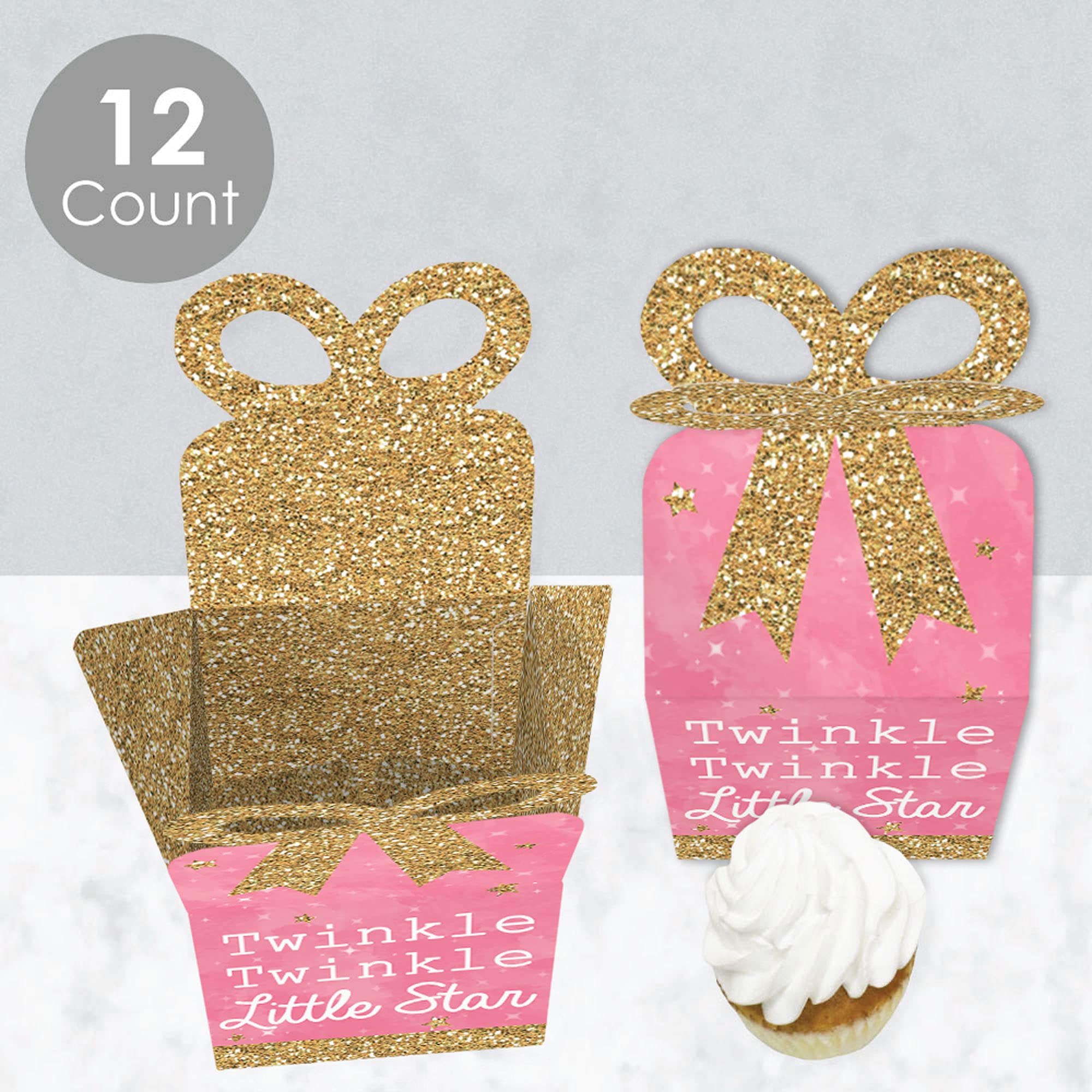 Big Dot of Happiness Pink Twinkle Twinkle Little Star Favor Gift Boxes - Set of 12 Square Baby Shower & Birthday Party Bow Boxes - Perfect for Newborn Celebrations, 1st Birthday Decorations & Special Event Favors