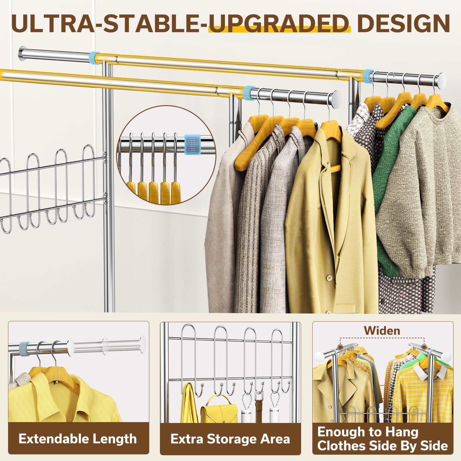 Heavy Duty Stainless Steel Garment Rack - 960LBS Capacity, Extendable Double Rod Rolling Clothes Rack with Shelves | Modern Style Wardrobe Organizer for Clothes, Shoes & Accessories | Perfect for Home, Retail Stores & Boutique Display