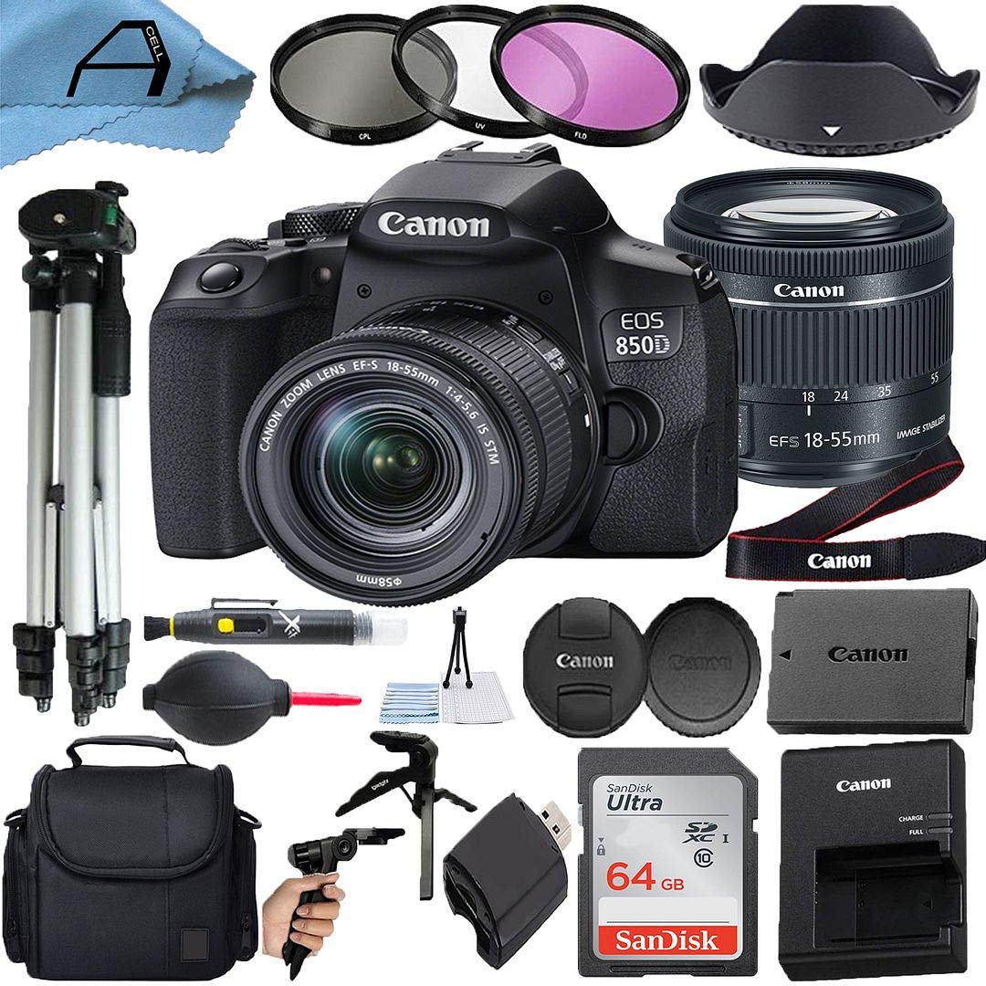 Canon EOS 850D / Rebel T8i 24.1MP DSLR Camera with EF-S 18-55mm f/4-5.6 IS STM Lens Kit - Includes SanDisk 64GB Card, Camera Bag, Tripod, Filters & Accessories (Black) - Perfect for Travel Photography, Vlogging & Beginner Photographers