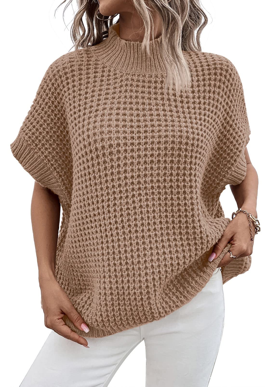 Viottiset Women's Oversized Short Batwing Sleeve Mock Neck Sweater Vest - Fall Sleeveless Pullover Knit Top for Casual Outfits, Layering & Office Wear