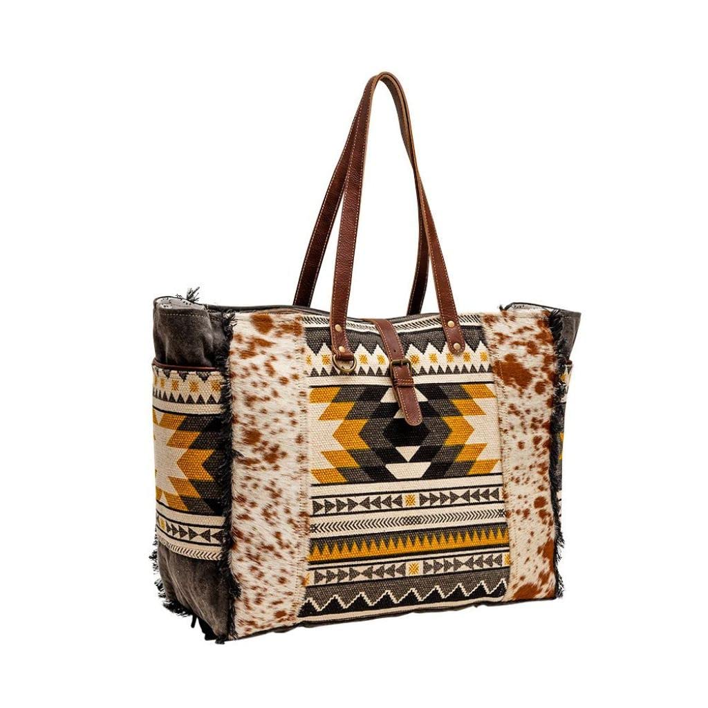 Myra Bag Western Leather Weekender Bag for Women - Cotton & Upcycled Canvas Boho Shoulder Bag | Perfect for Travel, Weekend Getaways & Boho Fashion | Durable & Stylish Trilang Design