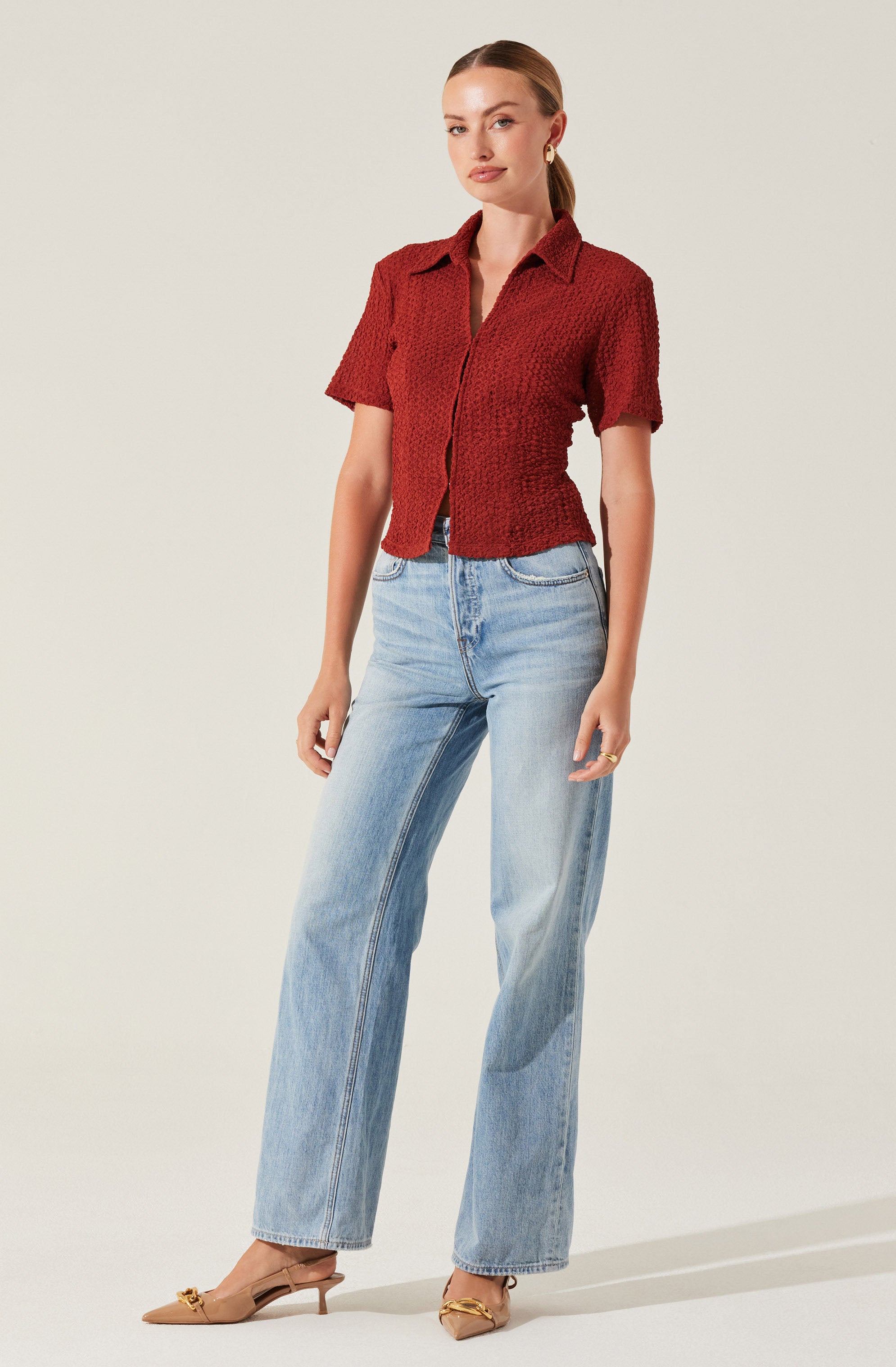 Textured Collar Hook Closure Blouse for Women - Stylish Casual & Office Wear - Perfect for Work, Dates, and Everyday Outfits