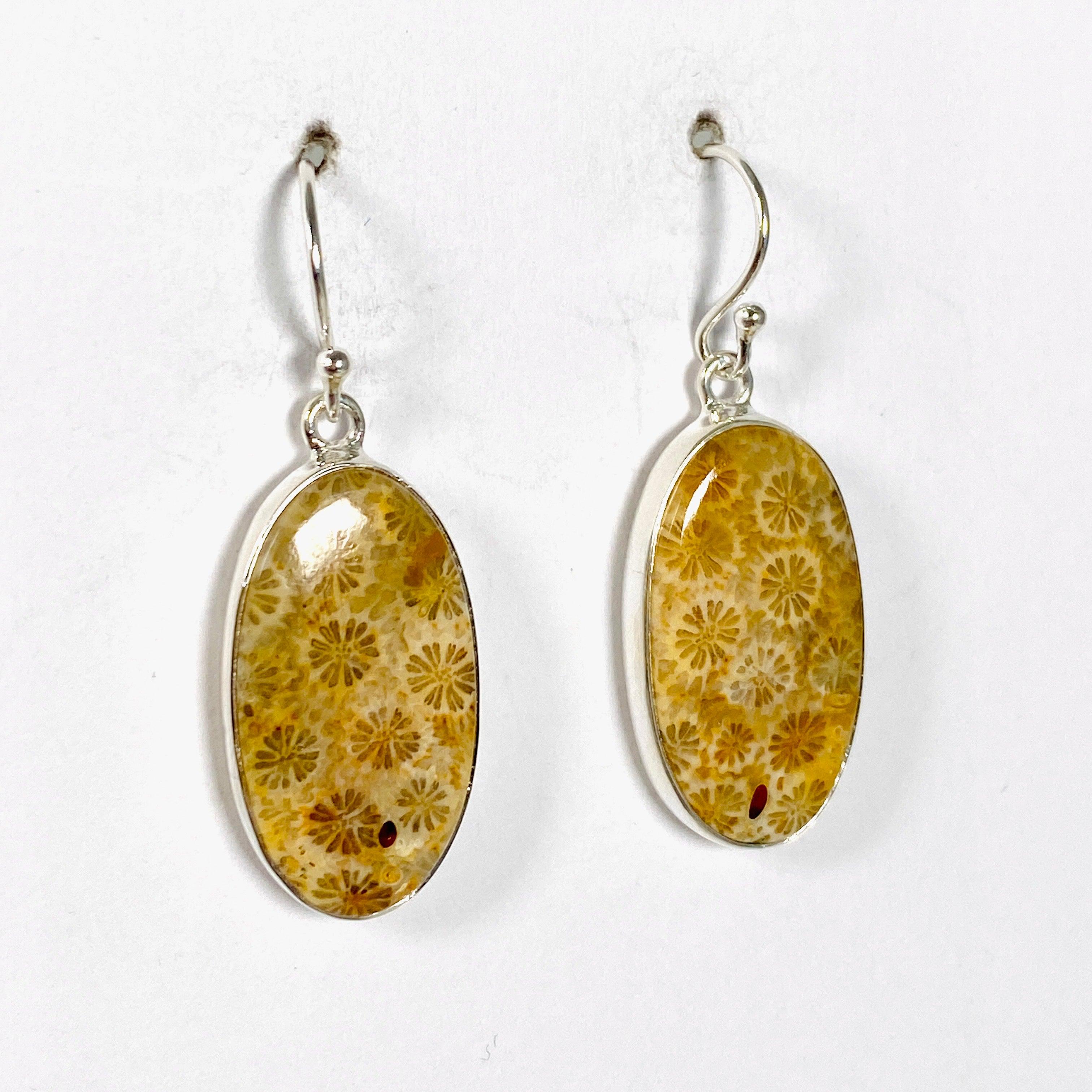 Fossilized Coral Oval Earrings - Handmade Sterling Silver Dangle Earrings for Women - Elegant Jewelry Gift for Birthday, Anniversary & Special Occasions