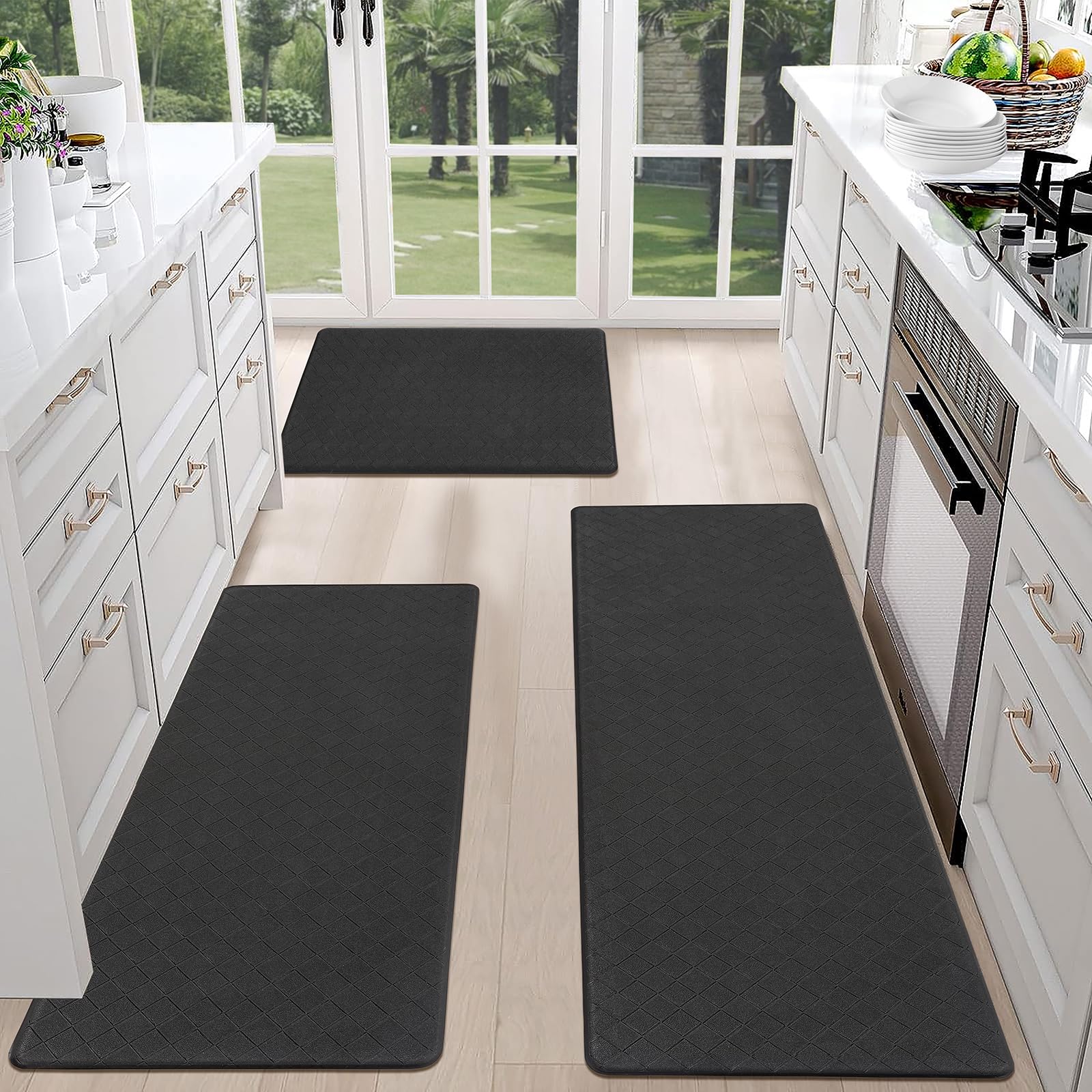 HEBE Anti-Fatigue Kitchen Floor Mats Set of 3 - Non-Slip Cushioned Standing Mats, Waterproof Kitchen Rugs for Sink, Laundry & Office - Comfortable Home & Workspace Flooring Solution for Long Standing