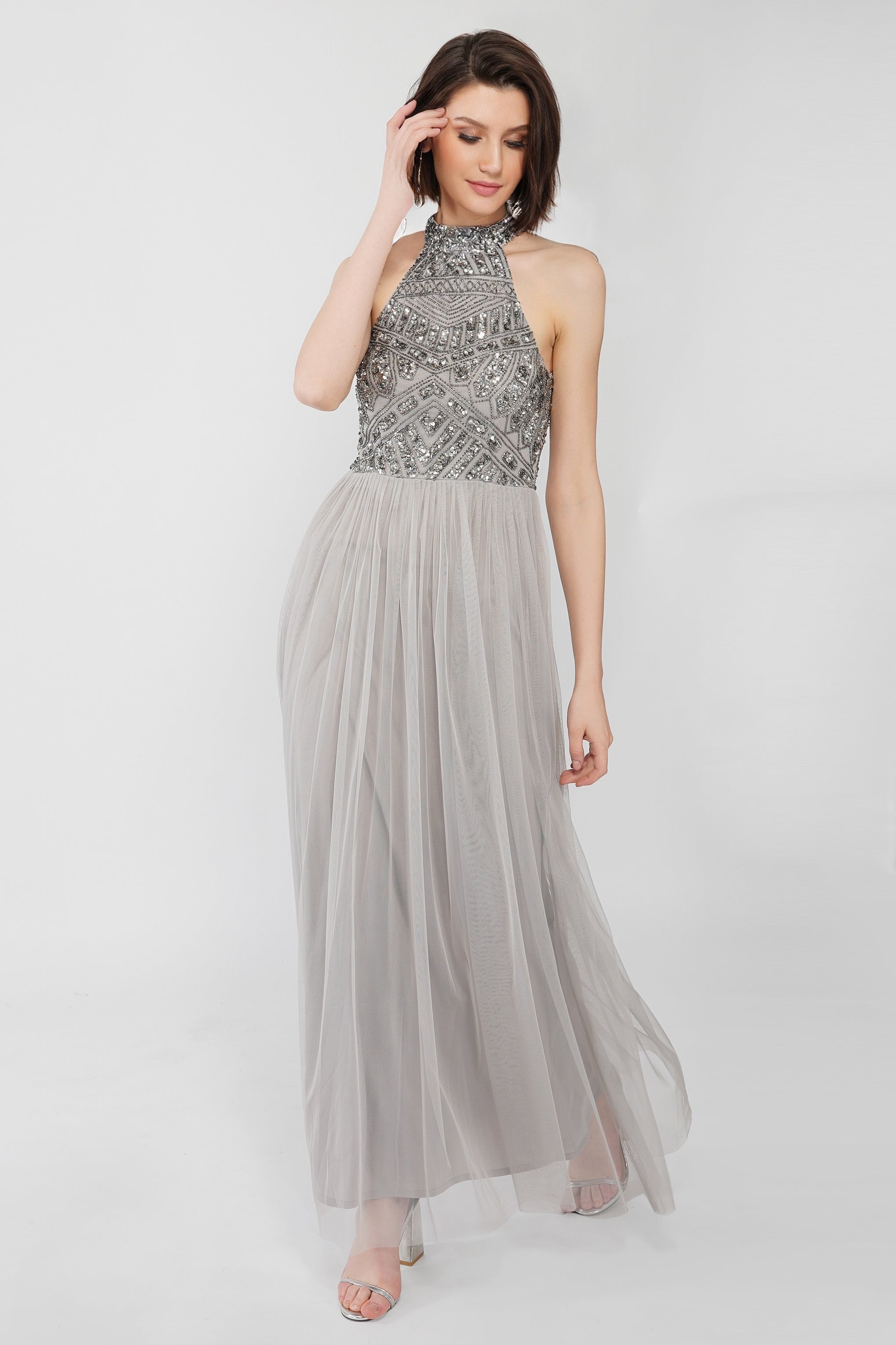 Elegant Sareen Grey Embellished Maxi Dress for Women - Perfect for Weddings, Parties & Special Occasions