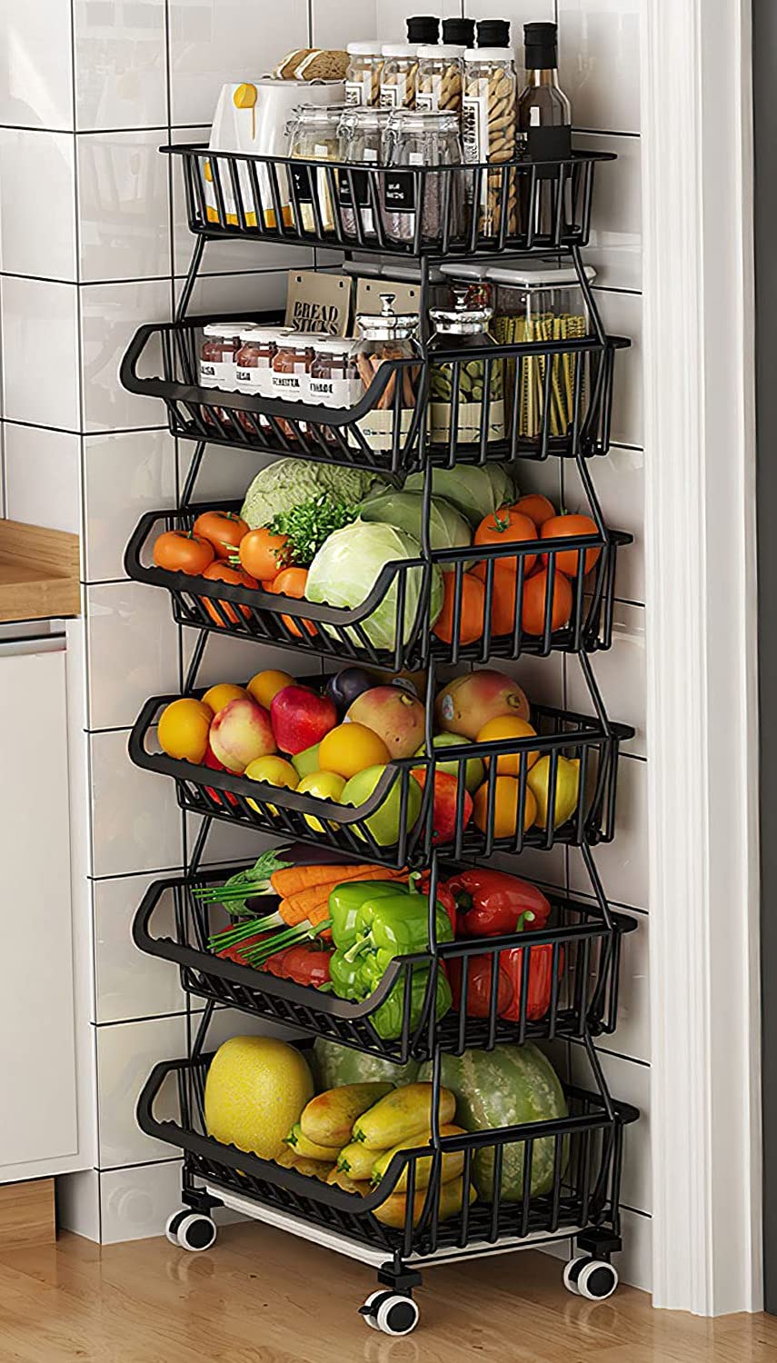 6-Tier Metal Kitchen Pantry Cart with Wheels - Stackable Storage Rack for Fruits, Vegetables & Organizing - Rolling Basket Organizer for Home, Office & Supermarket Use