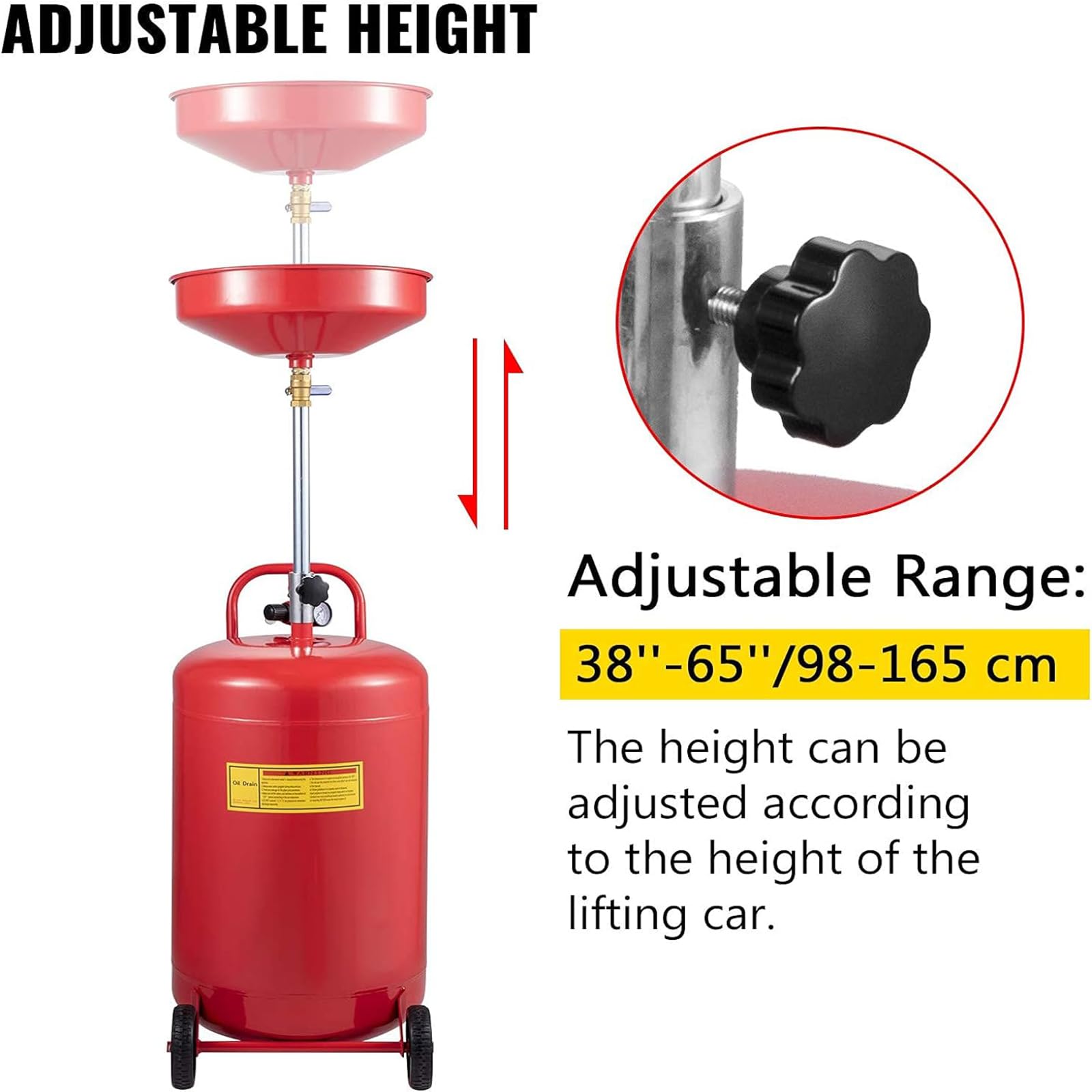 VEVOR 20 Gallon Portable Oil Drain Tank - Air Operated Waste Oil Drain Pan with Adjustable Funnel Height, Pressure Regulating Valve & Wheels - Ideal for Auto Shops, Garage Oil Changes & Industrial Fluid Drainage