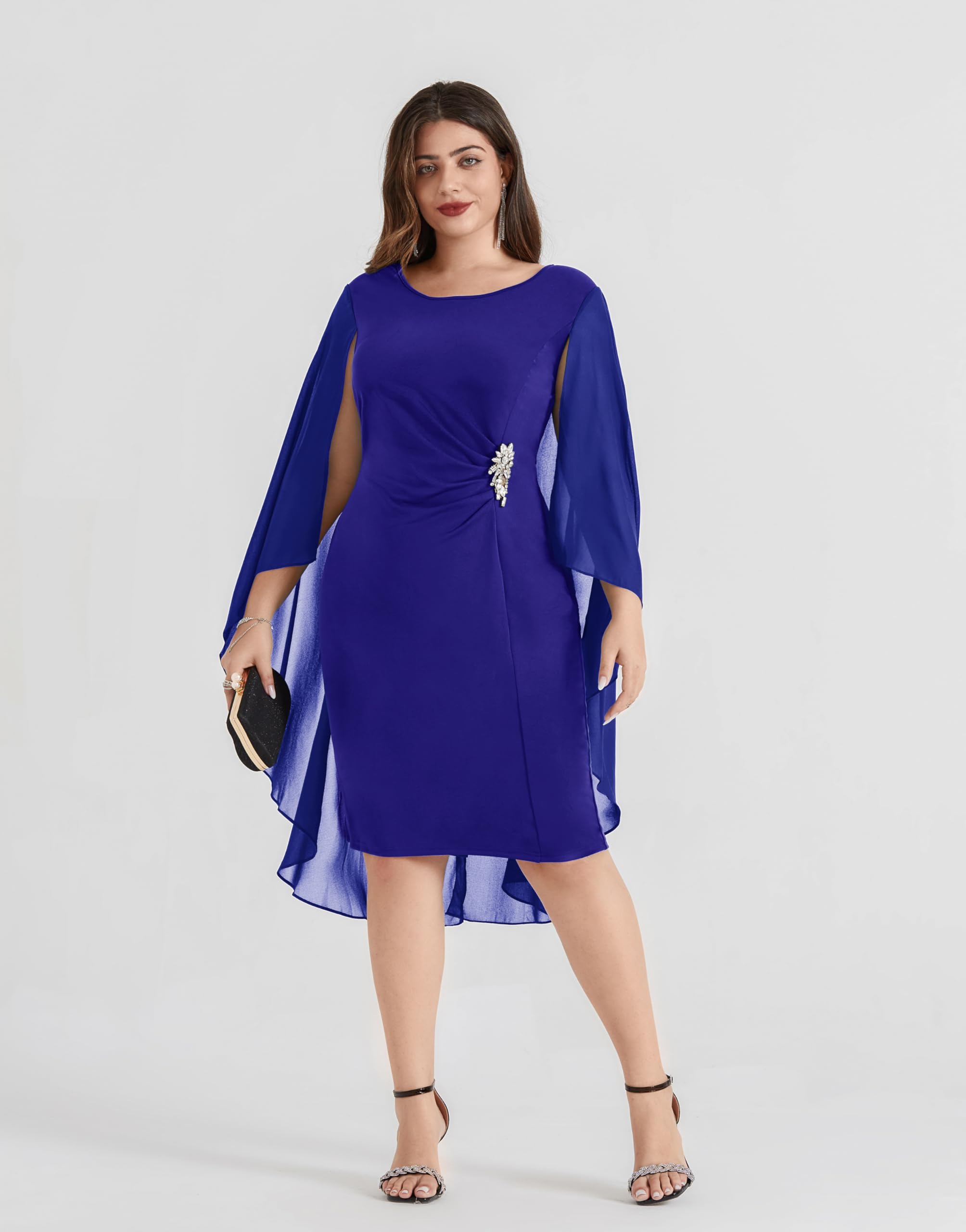 Hanna Nikole Women's Plus Size Chiffon Cape Dress - Crew Neck Ruched Bodycon Cocktail Pencil Dress for Wedding Guest, Party & Special Occasions