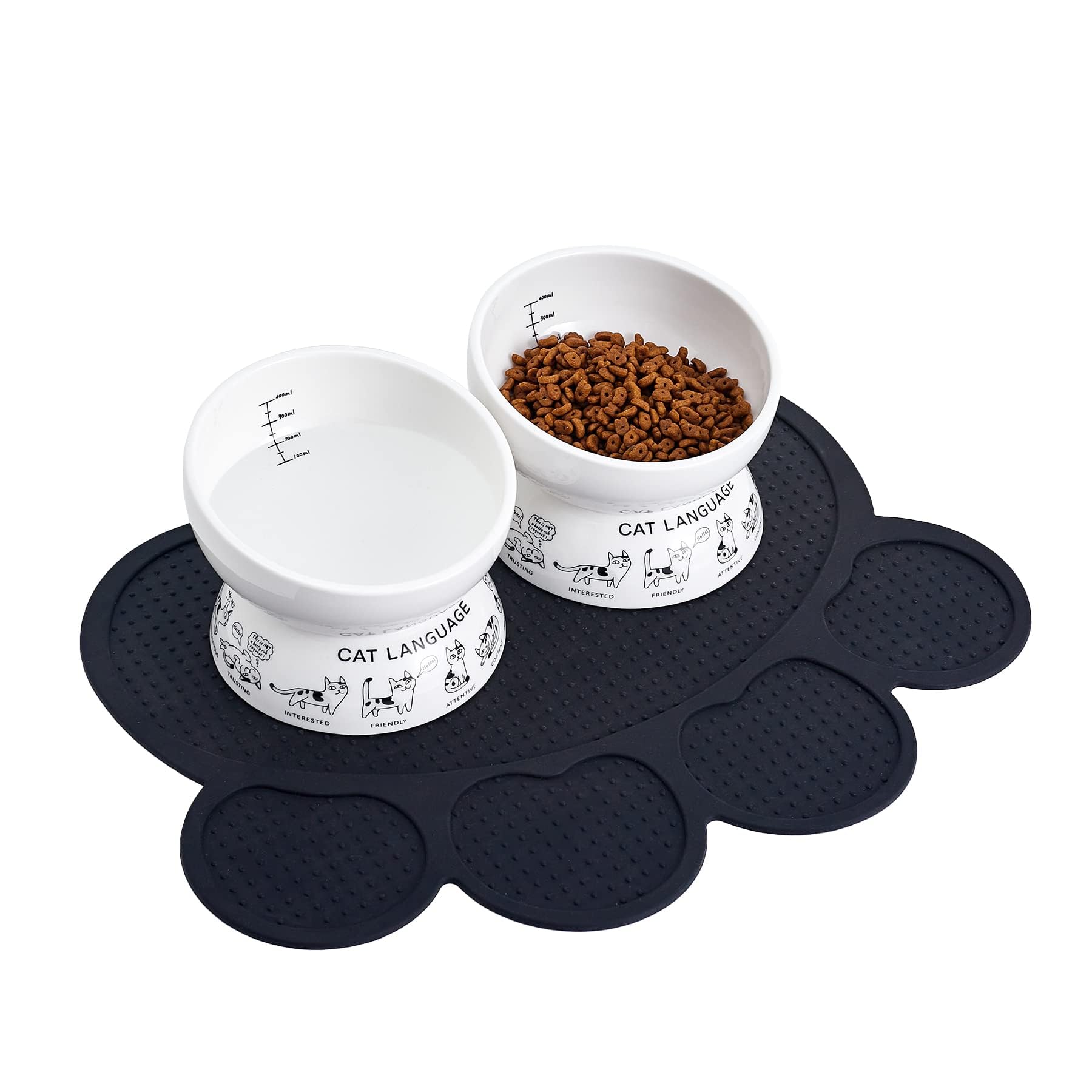 Elevated Ceramic Cat Bowls with Anti-Slip Base - 2 Pack Tilted Raised Pet Food & Water Dishes for Cats & Small Dogs - Perfect for Healthy Digestion & Mess-Free Feeding (Black)