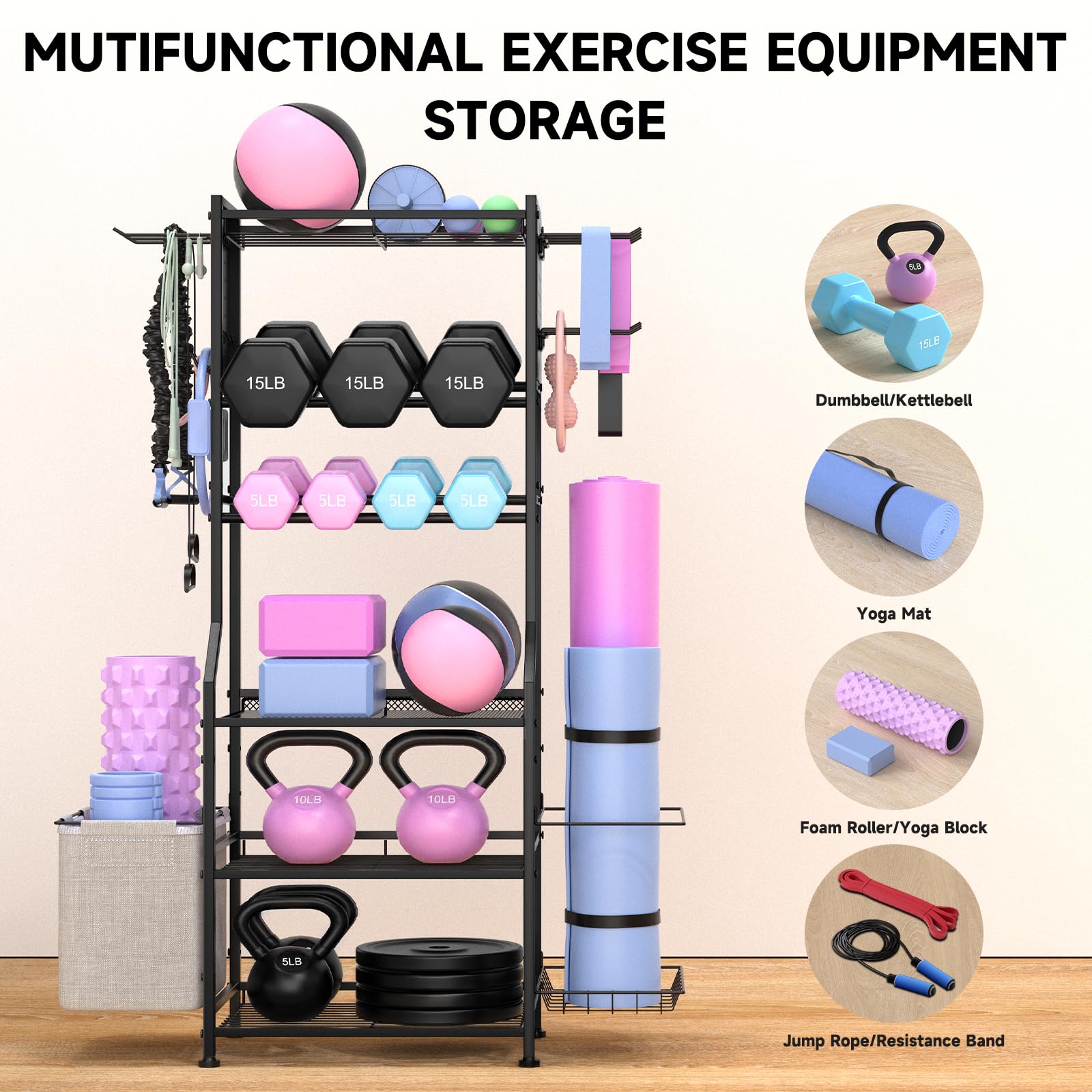 Dumbbell Rack for Home Gym - Heavy Duty Weight Storage Organizer for Dumbbells, Kettlebells, Yoga Mats & Strength Training Equipment with Peg Board - Perfect for Garage, Basement & Home Workout Spaces