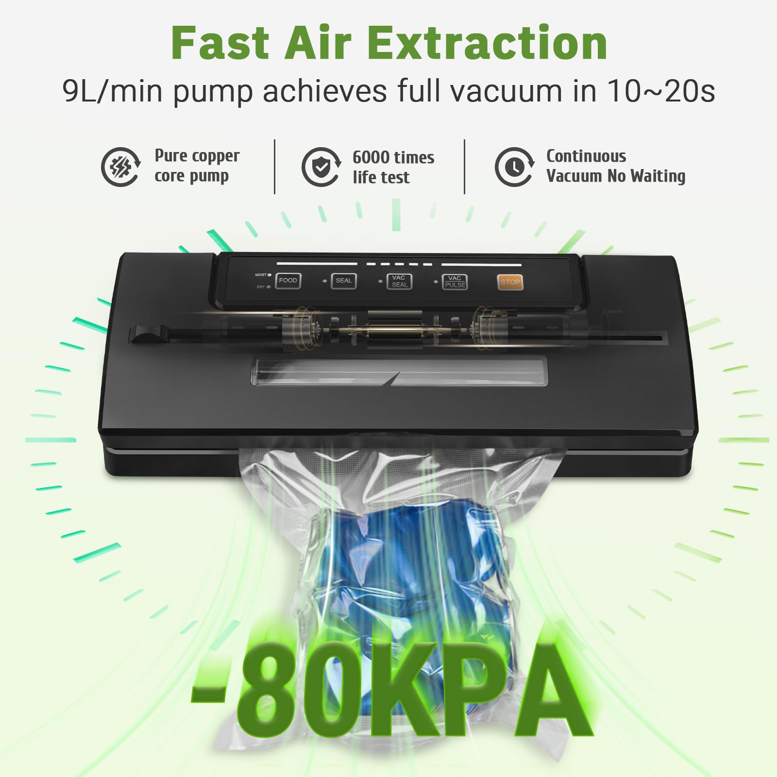 Toprime Vacuum Food Sealer Machine - 80kPa Powerful Sealing System with Roll Bag Cutter, Sous Vide Bags & Hose | Dry & Moist Food Modes for Freshness | Perfect for Meal Prep, Sous Vide Cooking & Food Storage