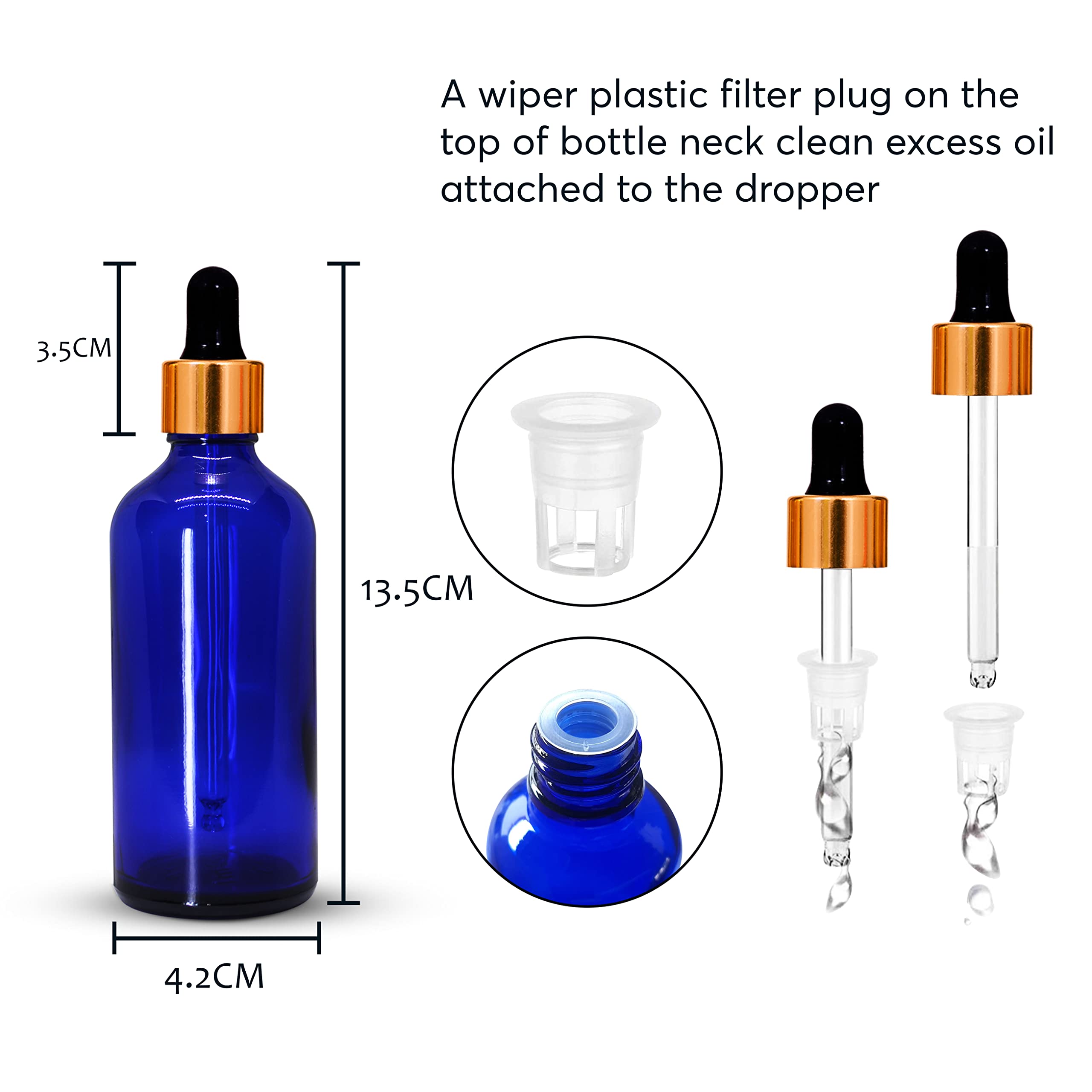 NSB Herbals 100ml Blue Round Empty Glass Bottle with Glass Dropper, Gold Ring & Black Silicone Teat - Leak Proof, Refillable for Essential Oils, DIY Perfumes, Aromatherapy, Homemade Skincare (Pack of 1) - Perfect for Travel, Gifts & Crafting Projects