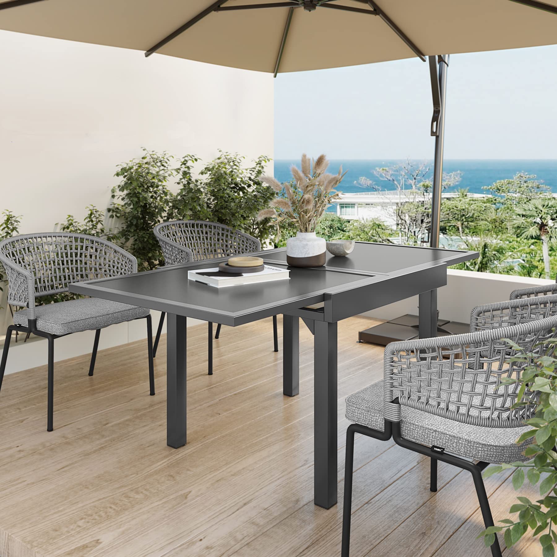 JOINHOM Aluminum Outdoor Dining Table - Rectangular Patio Table with Extendable Glass Top & Adjustable Feet for Garden, Bistro, Party - Perfect for Backyard BBQs, Poolside Dining & Outdoor Entertaining