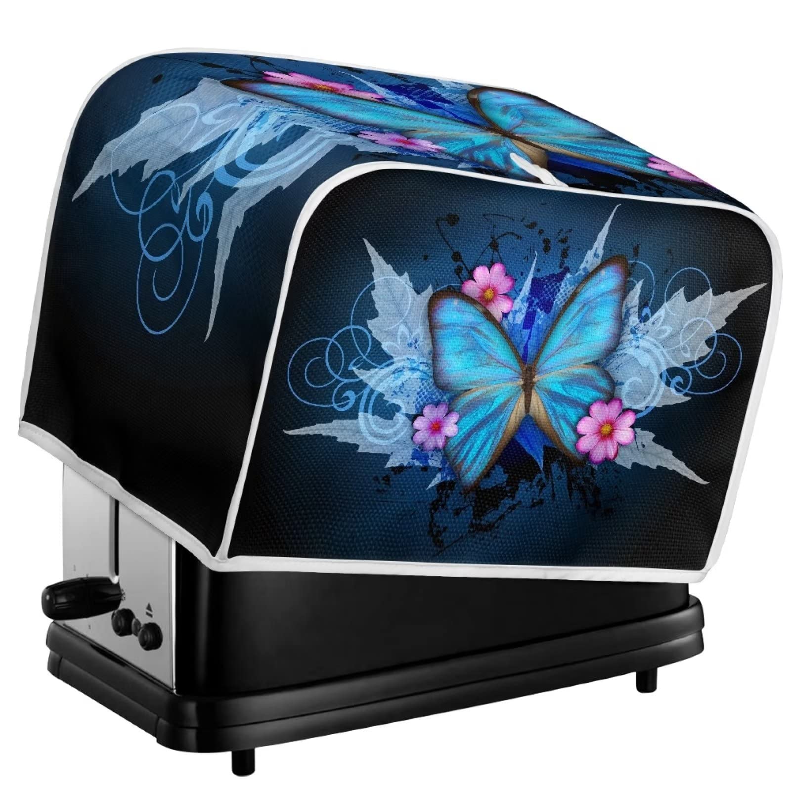 Xoenoiee Blue Butterfly Toaster Cover for 4 Slice Toasters - Washable Dust Protection Bag with Top Handle, Floral Leaf Pattern - Perfect for Kitchen Countertop, Small Appliance Protection & Home Decor