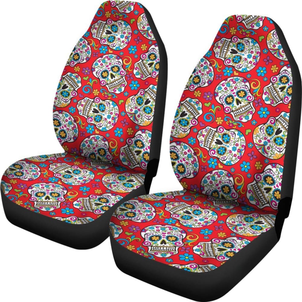 2 Pcs Sugar Skull Car Seat Covers - Mexican Day of the Dead Design, Universal Fit for Most Vehicles, Durable & Stylish Protection - Perfect for Halloween, Dia de los Muertos, and Car Decorations