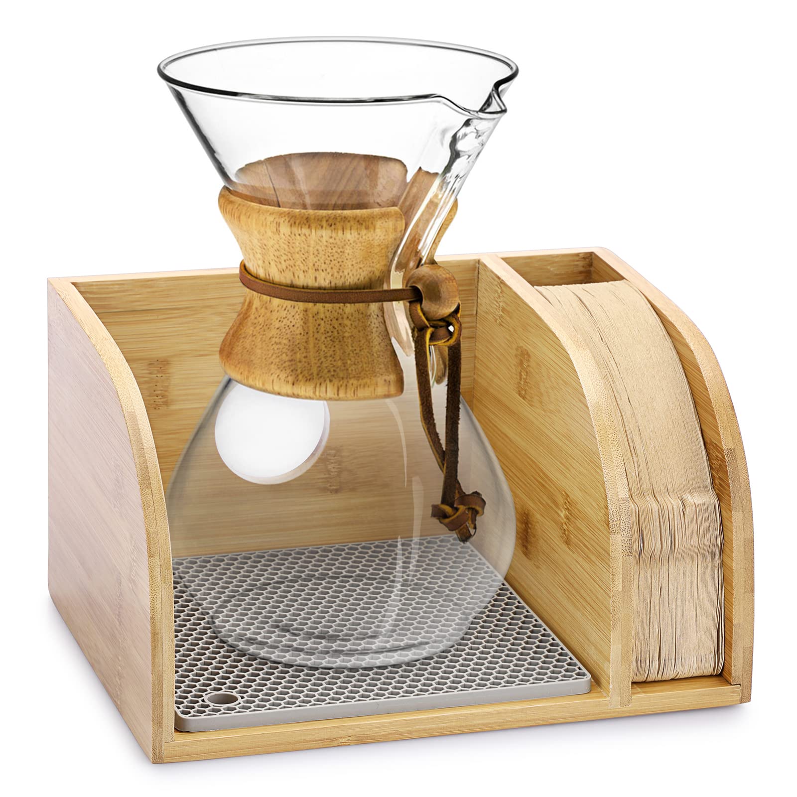 ELLDOO Bamboo Coffee Organizer Stand for Chemex Coffee Makers - Holds Carafe & Paper Filters, Fits Collar/Handle Models with Grey Silicone Dripper Mat - Perfect for Kitchen Countertop & Coffee Station Organization