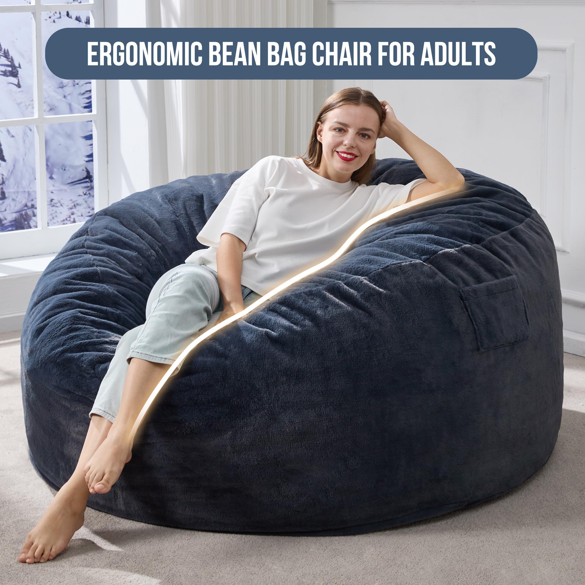 Hobestluk 5ft Large Bean Bag Chair for Adults - Plush Faux Fur Cover, Oversized Beanbag Chair for Living Room, Bedroom, Dorm & Office - Dark Grey (50”x50”x24”) - Perfect for Lounging, Gaming & Relaxation
