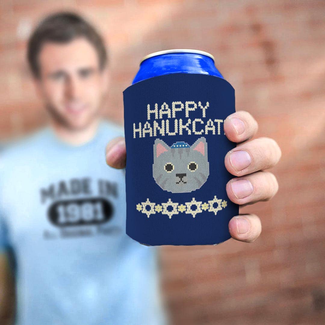 Hanukkah Ugly Sweater & Happy Hanukcat 48-Pack Drink Can Coolers - Blue Insulated Beverage Sleeves for Holiday Parties, Office Celebrations & Festive Gatherings