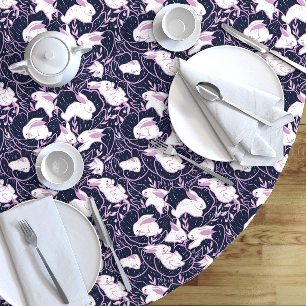 Custom Bunny Rabbit Floral Print Cotton Sateen Tablecloth - 90