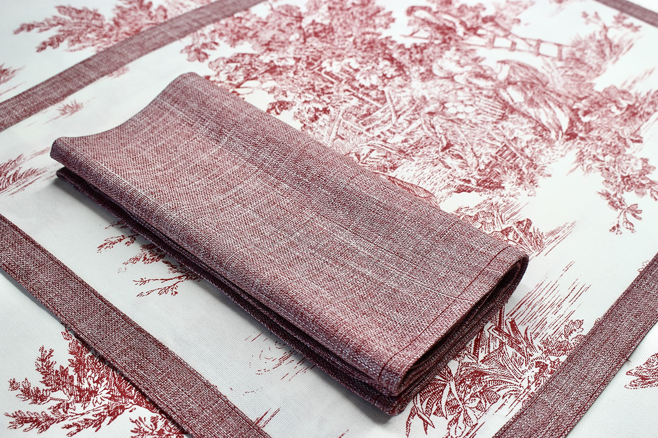 4-Piece Red Toile de Jouy Design Placemats Set - Elegant Table Setting for Dining Room, Kitchen, or Party Decor