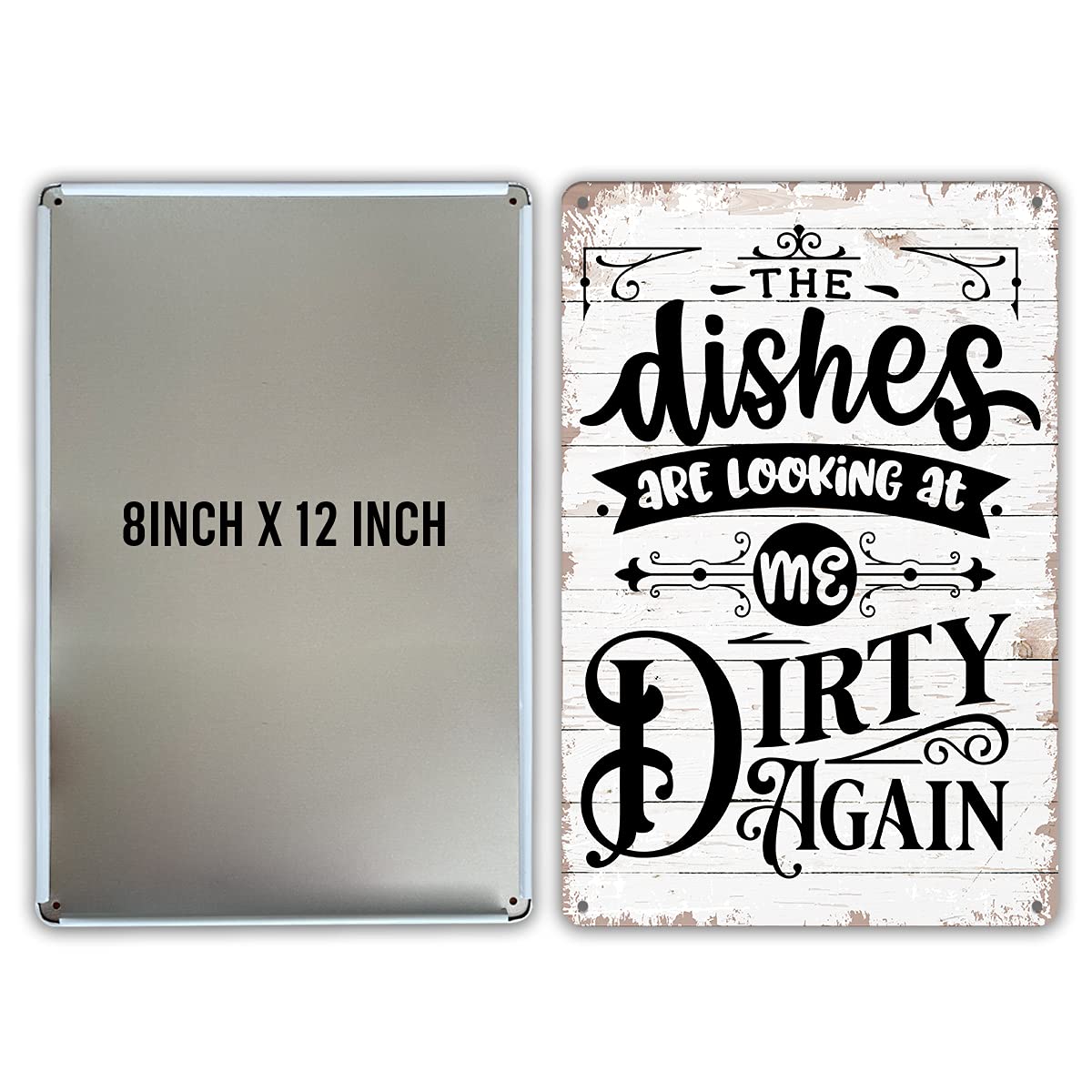 Funny Kitchen Quote Metal Tin Sign - 'The Dishes Are Looking at Me Dirty Again' Rustic Wall Decor for Home, Kitchen, or Bar, Perfect Gift for Cooking Enthusiasts