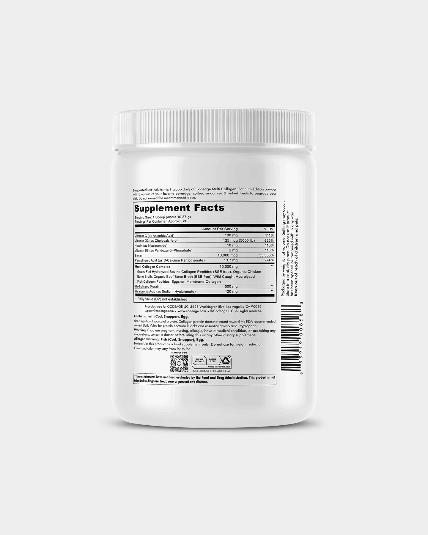 Codeage Platinum Multi Collagen Peptides Powder Supplement - Hydrolyzed Collagen for Skin, Hair & Joint Support - Unflavored Protein Powder for Smoothies, Coffee & Baking (30 Servings)