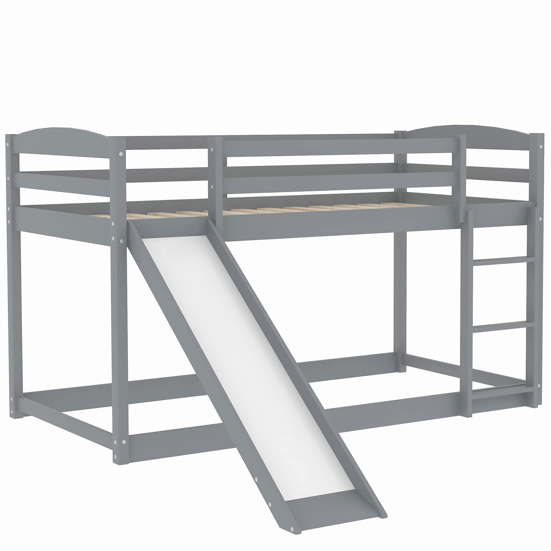 Twin Over Twin Bunk Bed with Slide & Ladder - Solid Wood Low Floor Bunk Bed with Slat Support - Space Saving Kids Bedroom Furniture - No Box Spring Needed - Perfect for Small Rooms & Shared Kids Bedrooms (Gray)