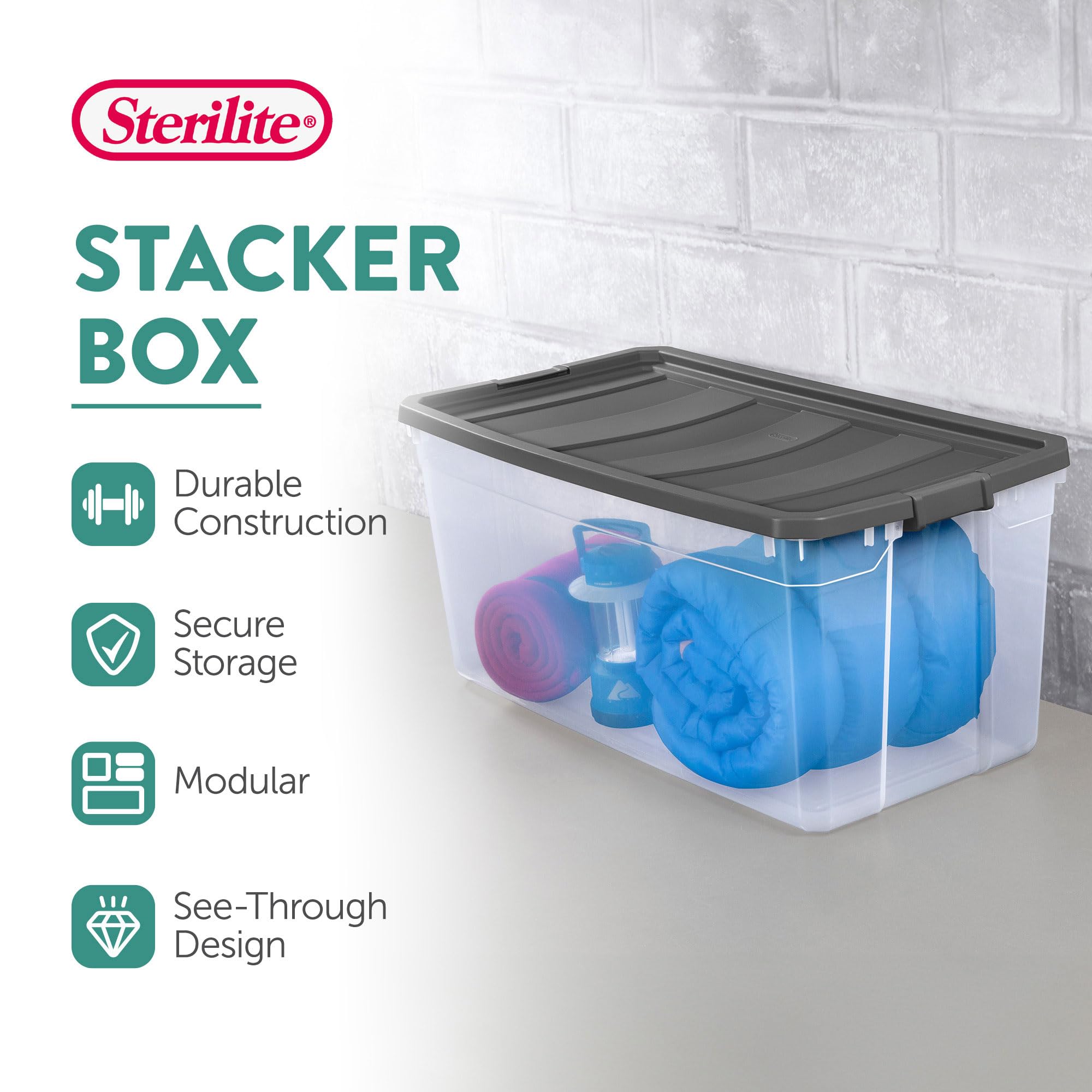 Sterilite 6-Pack Modular Stacker Box - Clear Plastic Storage Bins with Secure Latching Lids (200 Quart) - Perfect for Home Organization, Garage Storage & Closet Decluttering