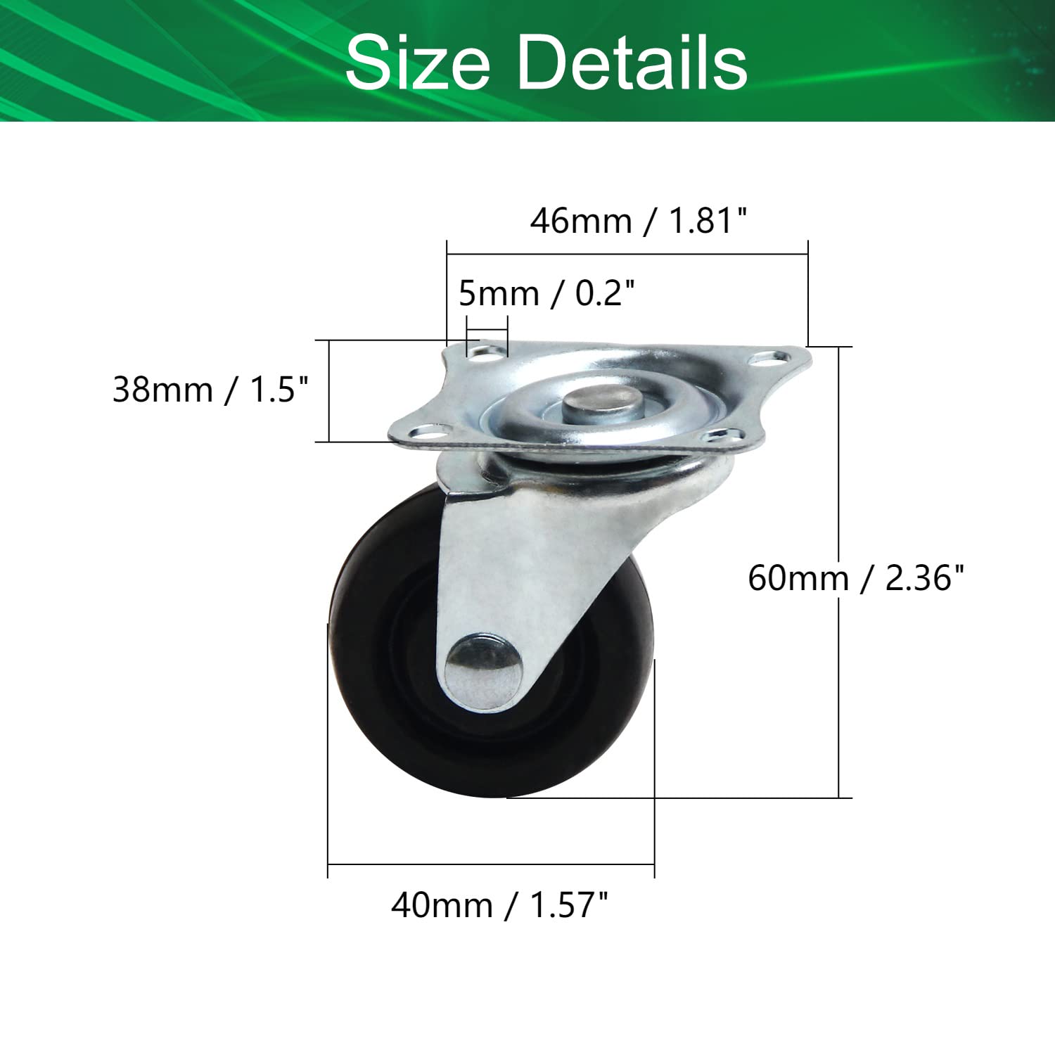 1.57 Inch Swivel Caster Wheels with Rubber - 360 Degree Rotation, Top Plate Mounted, 44lb Capacity (Set of 4) - Perfect for Furniture, Carts, and Industrial Equipment