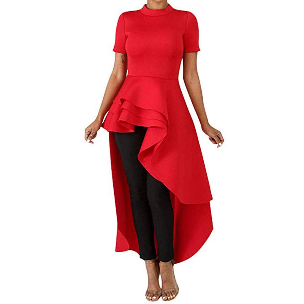 Women's Solid Color Tunic Dress with Ruffle Hem - High Low Asymmetrical Short Sleeve Bodycon Shirt Dress for Casual Wear, Office & Date Night