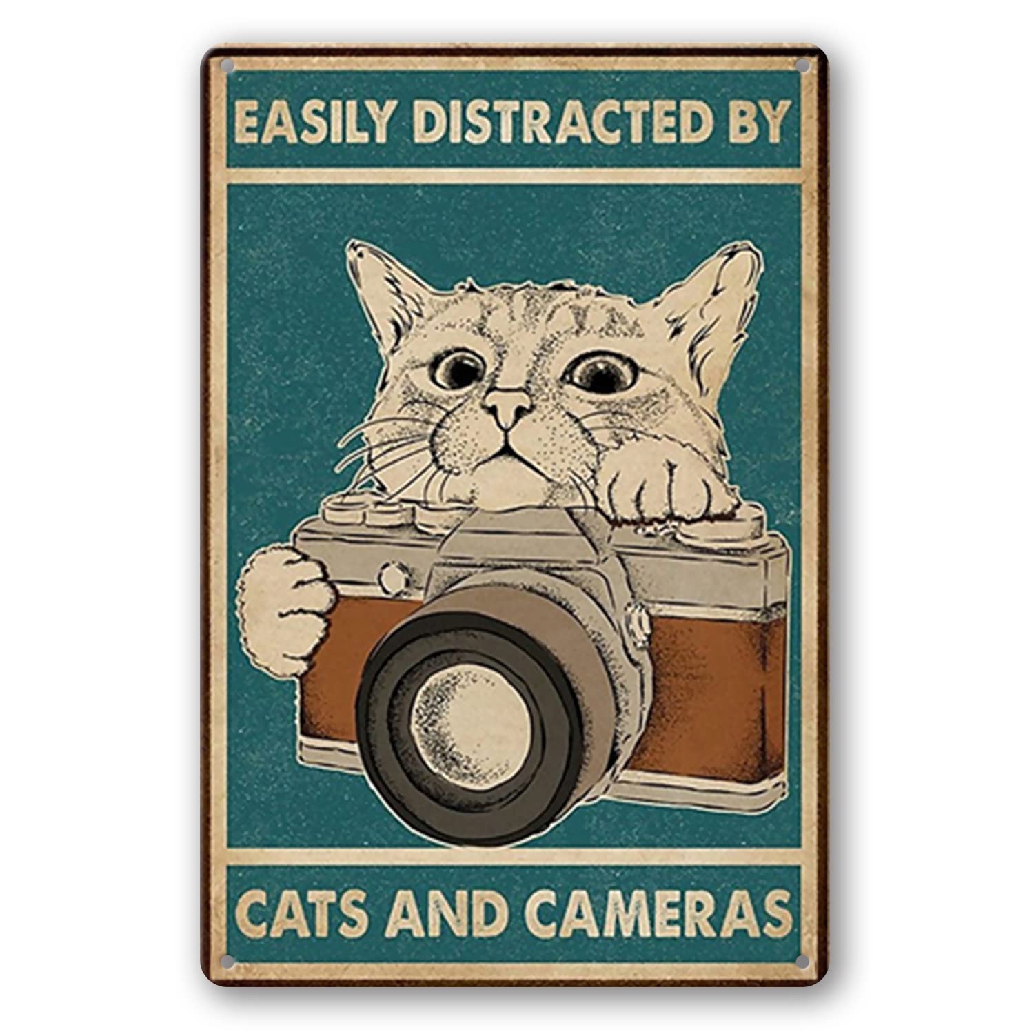 Funny Tin Sign - Easily Distracted by Cats & Cameras - Vintage Bar Pub Diner Cafe Wall Decor - 8x12 Inch Metal Poster for Home, Office, Man Cave - Humorous Kitchen & Garage Artwork (Tin-39)