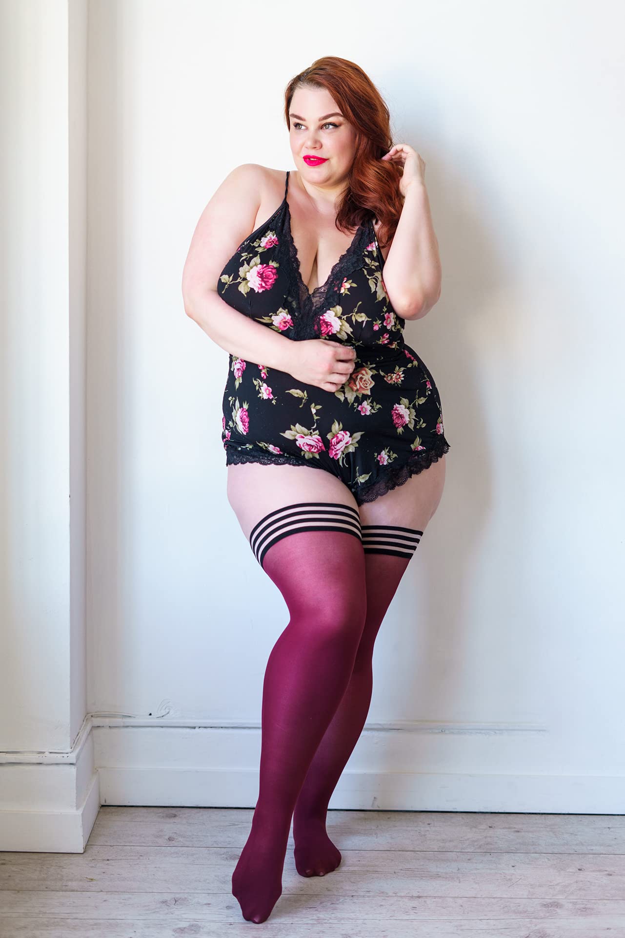 Kix'ies Thigh High Stockings for Women - No Slip Grip Stay Up Thigh Bands | Heather Cranberry Opaque (1341D) | Sexy Lingerie & Hosiery for Everyday Wear, Date Nights & Special Occasions