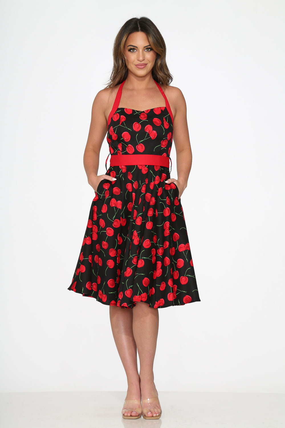 Black & Red Cherry Halter Dress for Women - Sexy Summer Party Dress - Perfect for Beach Vacations, Date Nights & Cocktail Parties