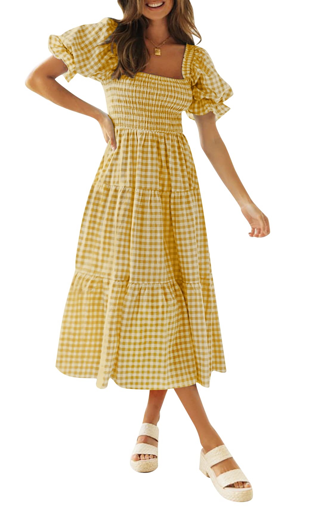 ZESICA Women's 2025 Bohemian Summer Plaid Square Neck Puff Sleeve Ruffle Flowy Beach Midi Dress - Floral Print Casual Sundress for Vacation, Party & Outdoor Date Night