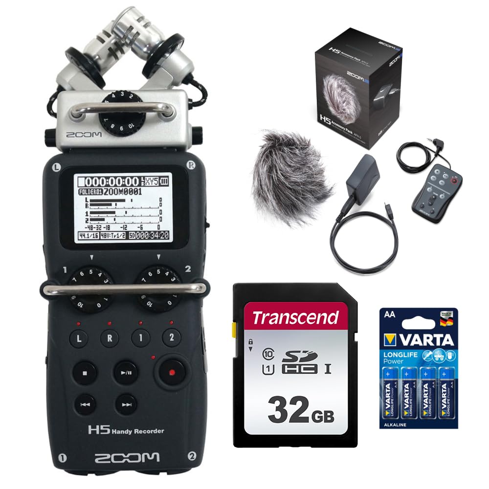 **Zoom H5 Handy Recorder with Interchangeable Mic System Bundle – Includes APH-5 Accessory Pack, 32GB SD Card & AA Batteries (4-Pack) – Perfect for Podcasting, Field Recording & Music Production**