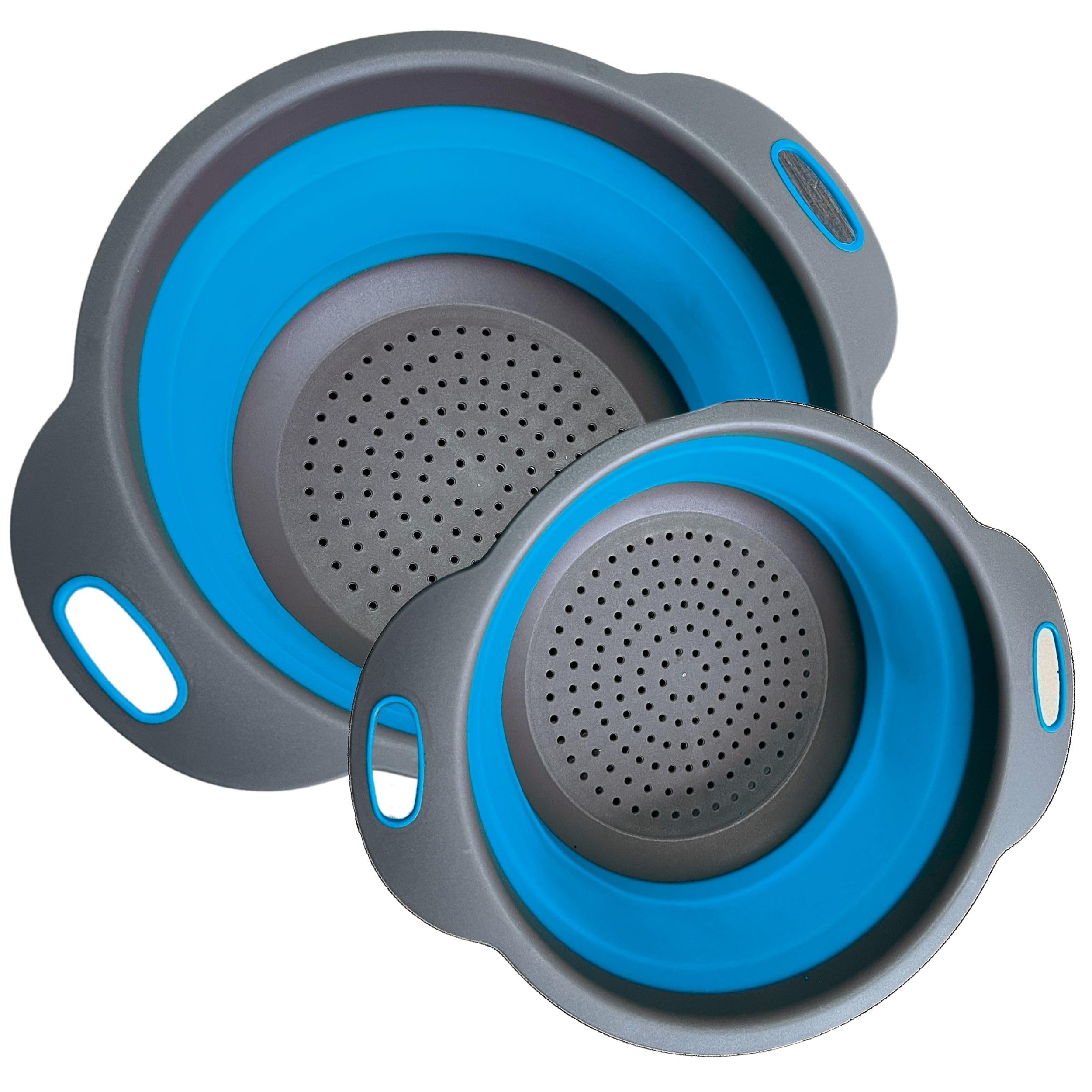 Blue Kitchen Strainer Colander Set - 2 PCS Collapsible Silicone Food Grade Strainers with Plastic Handles for Pasta, Spaghetti, and Vegetables - Perfect for Cooking, Draining, and Meal Prep