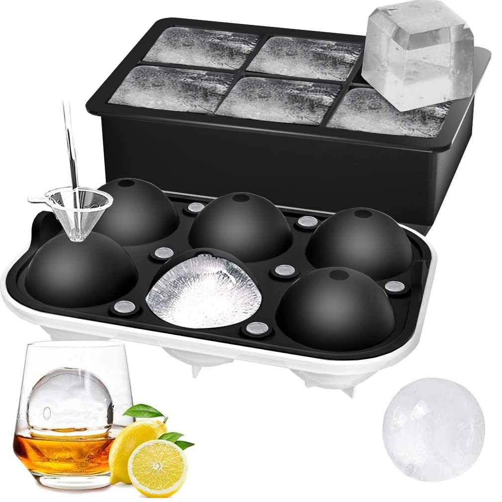ROTTAY Ice Cube Trays (2-Pack) - Sphere Ice Ball Maker with Lid & Large Square Ice Cube Tray for Whiskey, Cocktails, and Homemade Drinks - Perfect for Chilling Beverages at Home, Parties, and Bars - Black