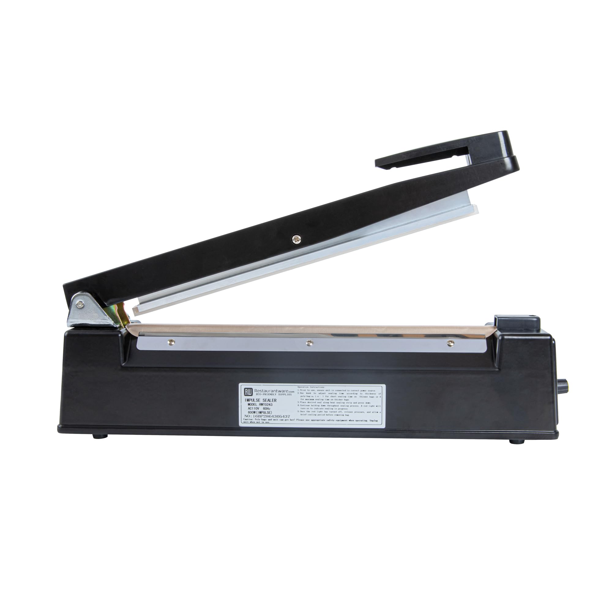 Restaurantware 12 Inch Manual Heat Sealer Machine - Industrial Grade Food Safe Impulse Sealer with Adjustable Temperature Control, Portable Black Aluminum Sealing Equipment for Food Packaging, Vacuum Sealing & Meal Prep