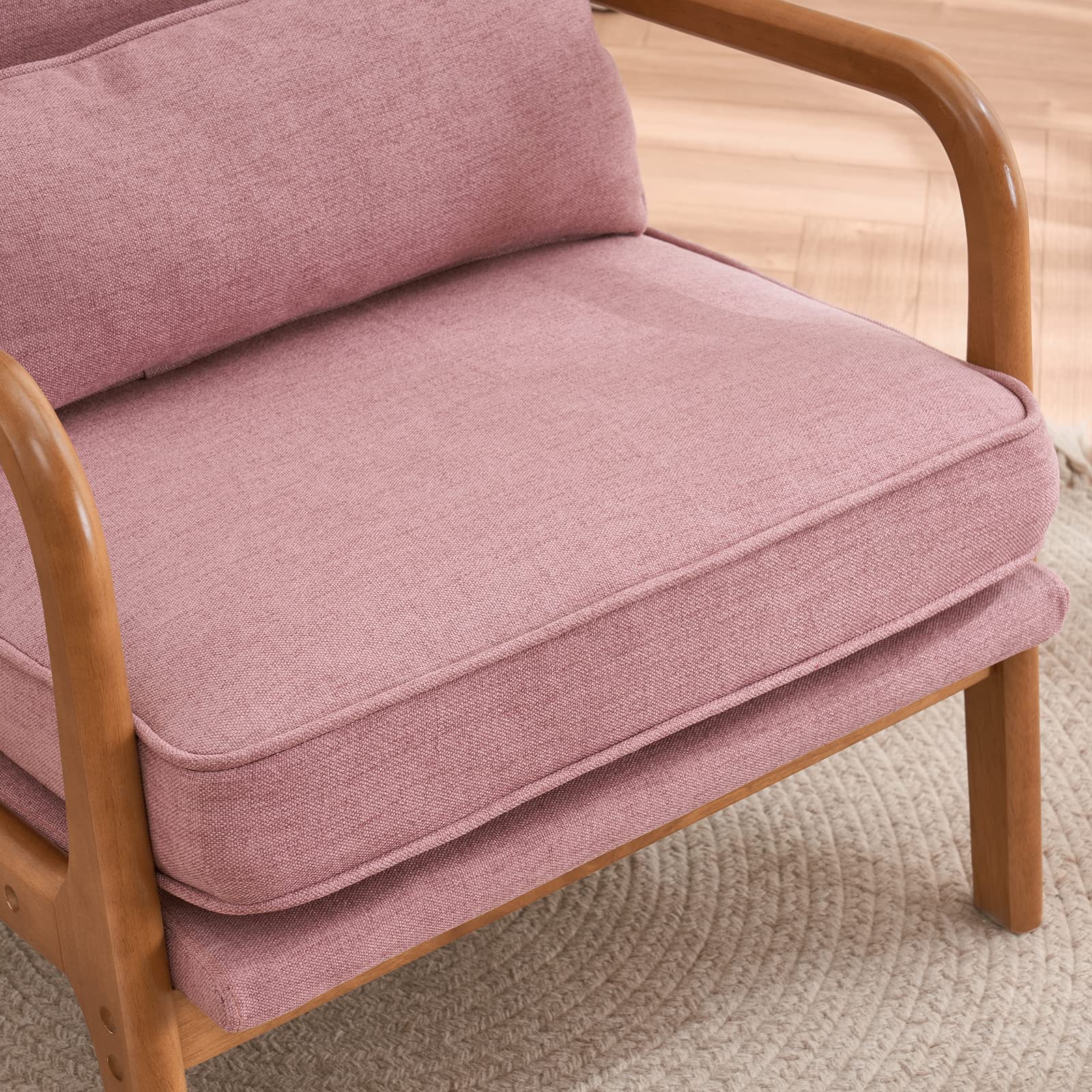 VINGLI Set of 2 Mid Century Modern Accent Chairs - Pink Linen Upholstered Lounge Armchairs with Wooden Legs for Living Room, Bedroom & Reading Nook - Cozy Comfortable Seating for Adults (Perfect for Relaxing, Reading & Home Decor)