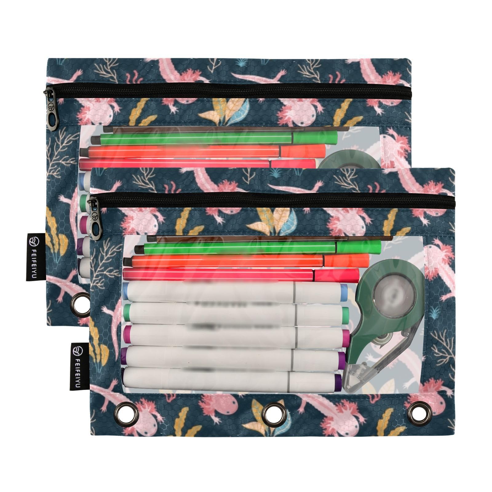 2 Pack Cute Axolotl Pencil Pouches for 3-Ring Binders - Zippered School & Office Organizer with Reinforced Grommets - Perfect for Students, Teachers & Back to School Supplies
