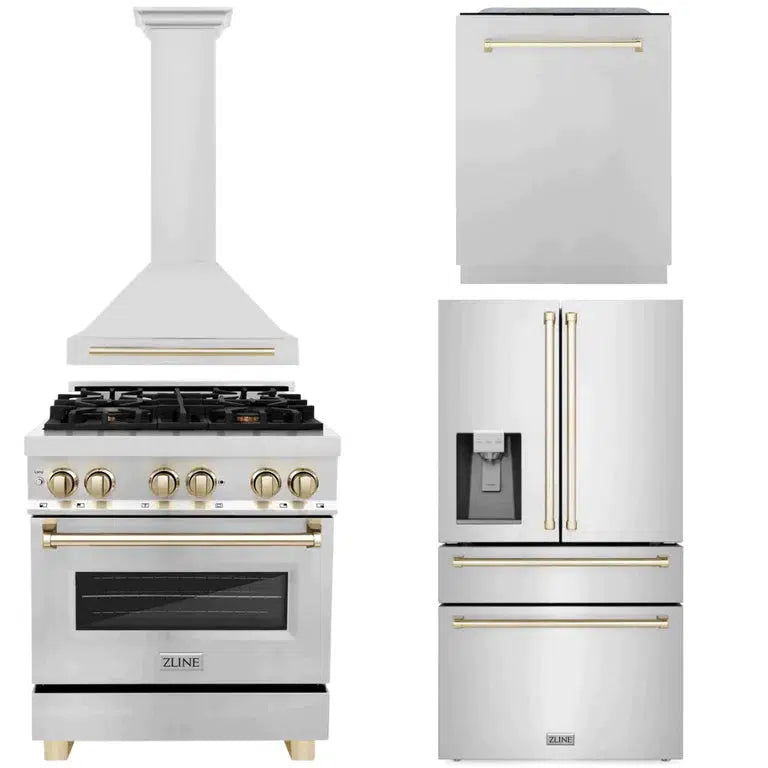 ZLINE Autograph Edition 30-inch Stainless Steel Kitchen Package - Dual Fuel Range, Range Hood, Dishwasher & Refrigerator with External Water Dispenser & Polished Gold Accents (4AKPR RARHDWM30 G) | Premium Kitchen Appliances for Modern Homes & Gourmet Cooking