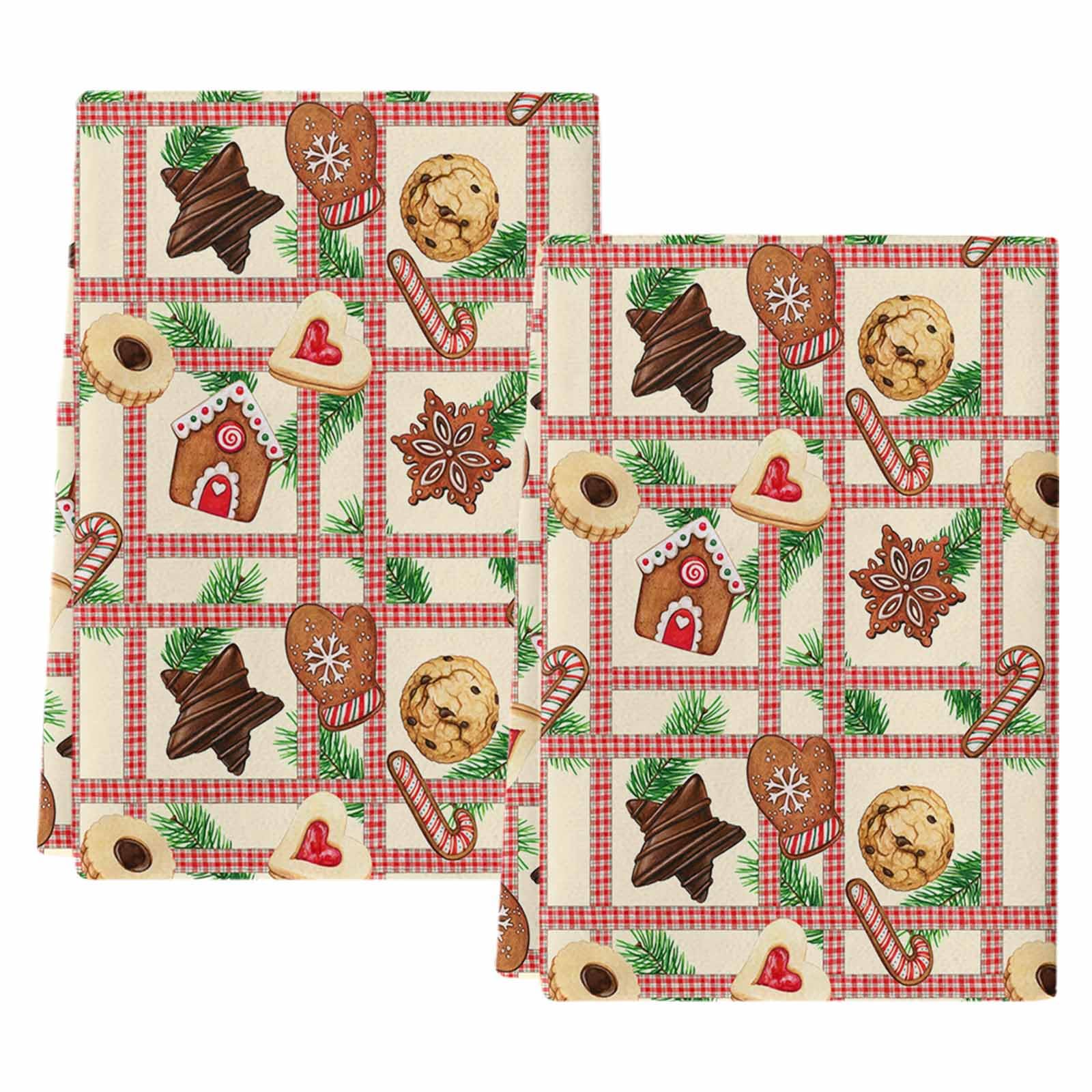 Super Absorbent Microfiber Kitchen Towels Set of 2 - Christmas Gingerbread Man Design, Soft Reusable Wash Cloths for Dishes, Fast Drying Watercolor Stripes Plaid Pattern - Perfect for Kitchen Cleaning, Bathroom Decor & Holiday Gift Giving