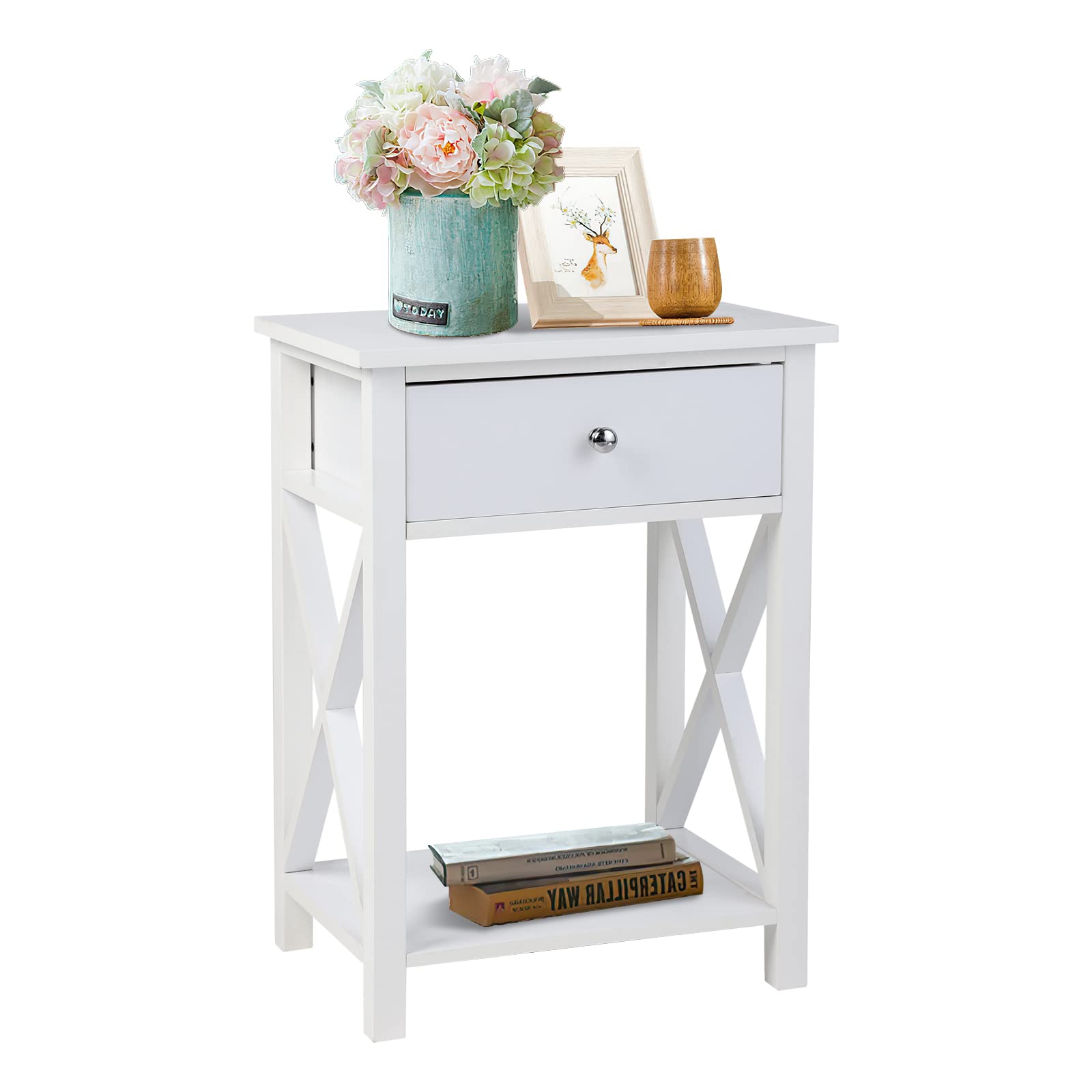 Modern Nightstand with Drawer - X-Design Bedside Table with Storage Shelf for Bedroom & Living Room | Compact End Table for Small Spaces, Apartment Essentials, Home Decor (1pc)