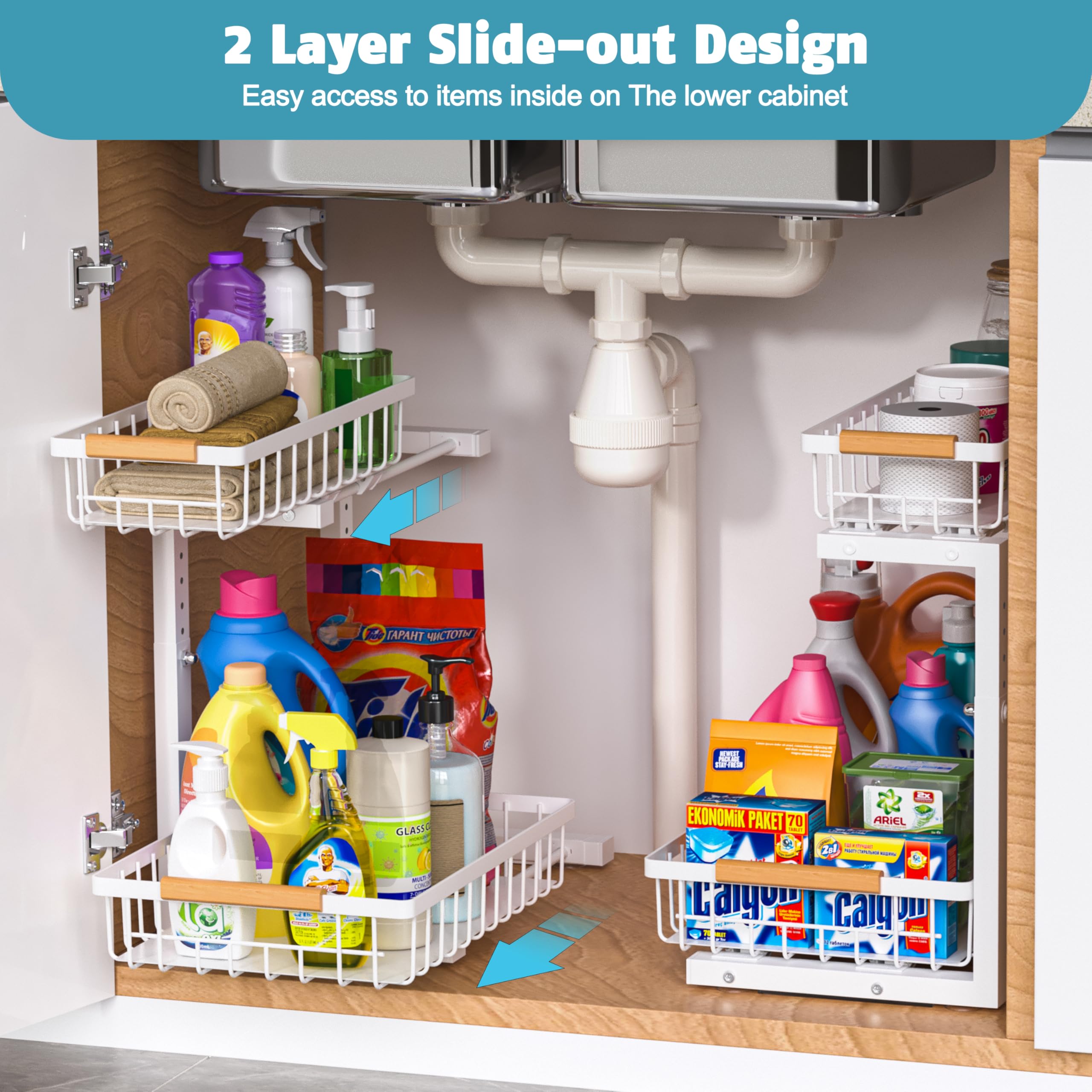 2-Tier Slide-Out Under Sink Organizer - Adjustable Height Pull-Out Cabinet Storage Drawer for Kitchen & Bathroom - Large Capacity Metal Rack Shelf Basket (White) - Perfect for Maximizing Under-Sink Space in Small Kitchens and Bathrooms